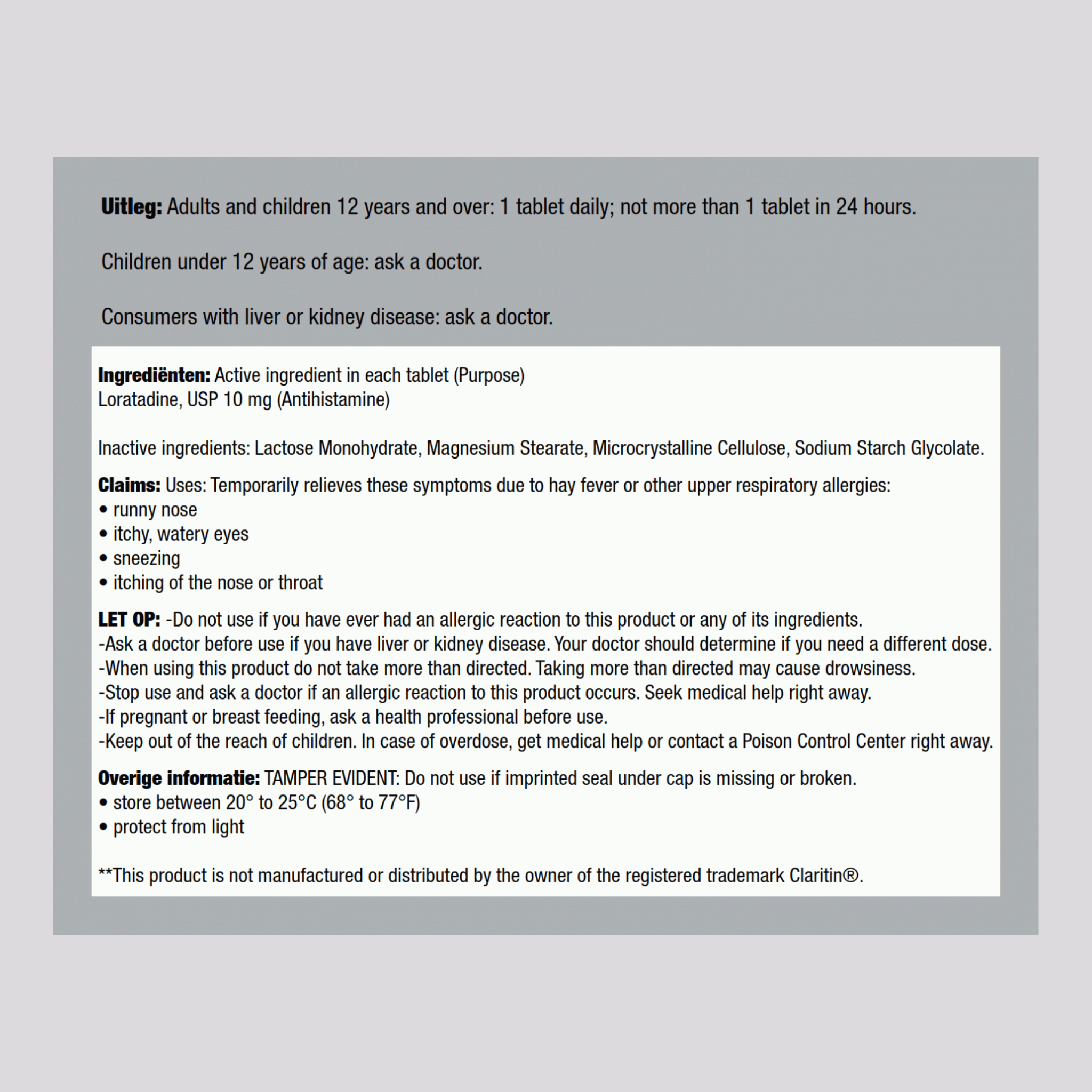 Anti-allergiemiddel loratadine (veroorzaakt geen slaperigheid) 10 mg Vergeleken met Claritin 30 Tabletlər     