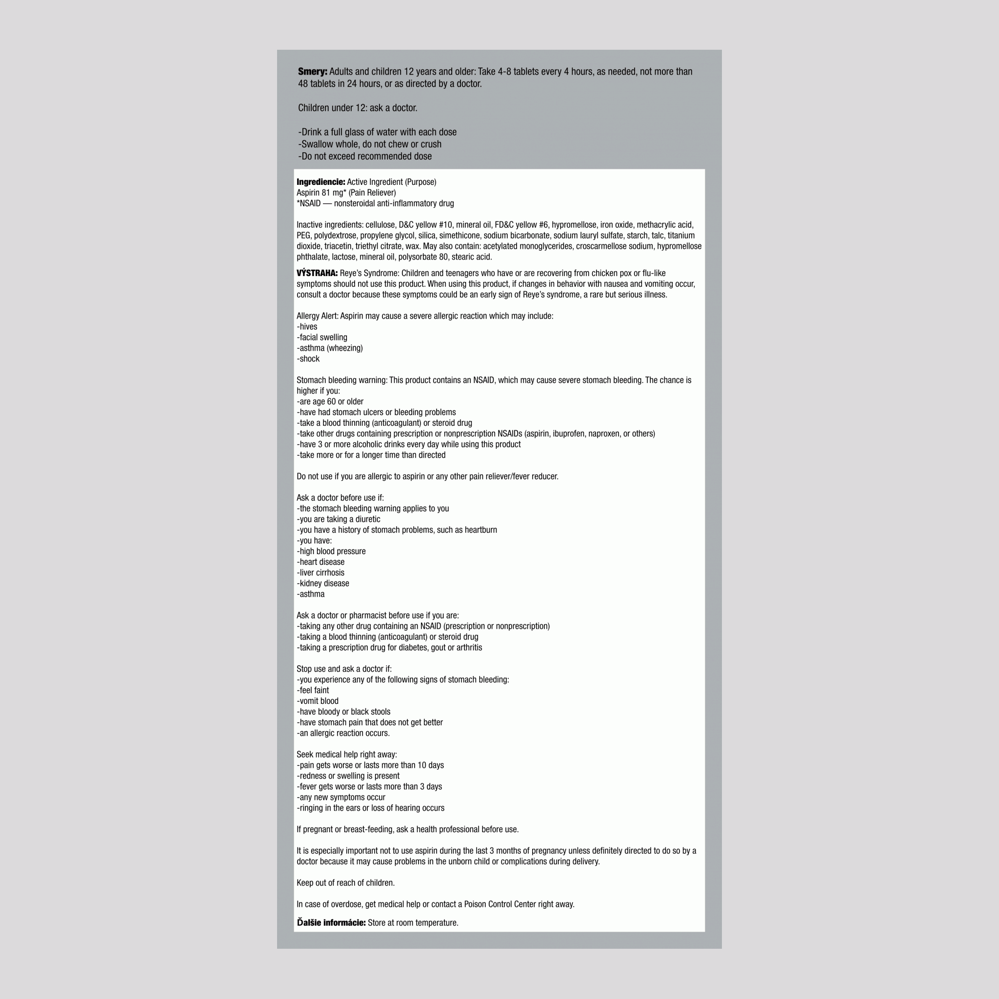 Nízkodávkový aspirín 81 mg gastrorezistentný,81 mg Enterické potiahnuté tablety 300 Tablety    