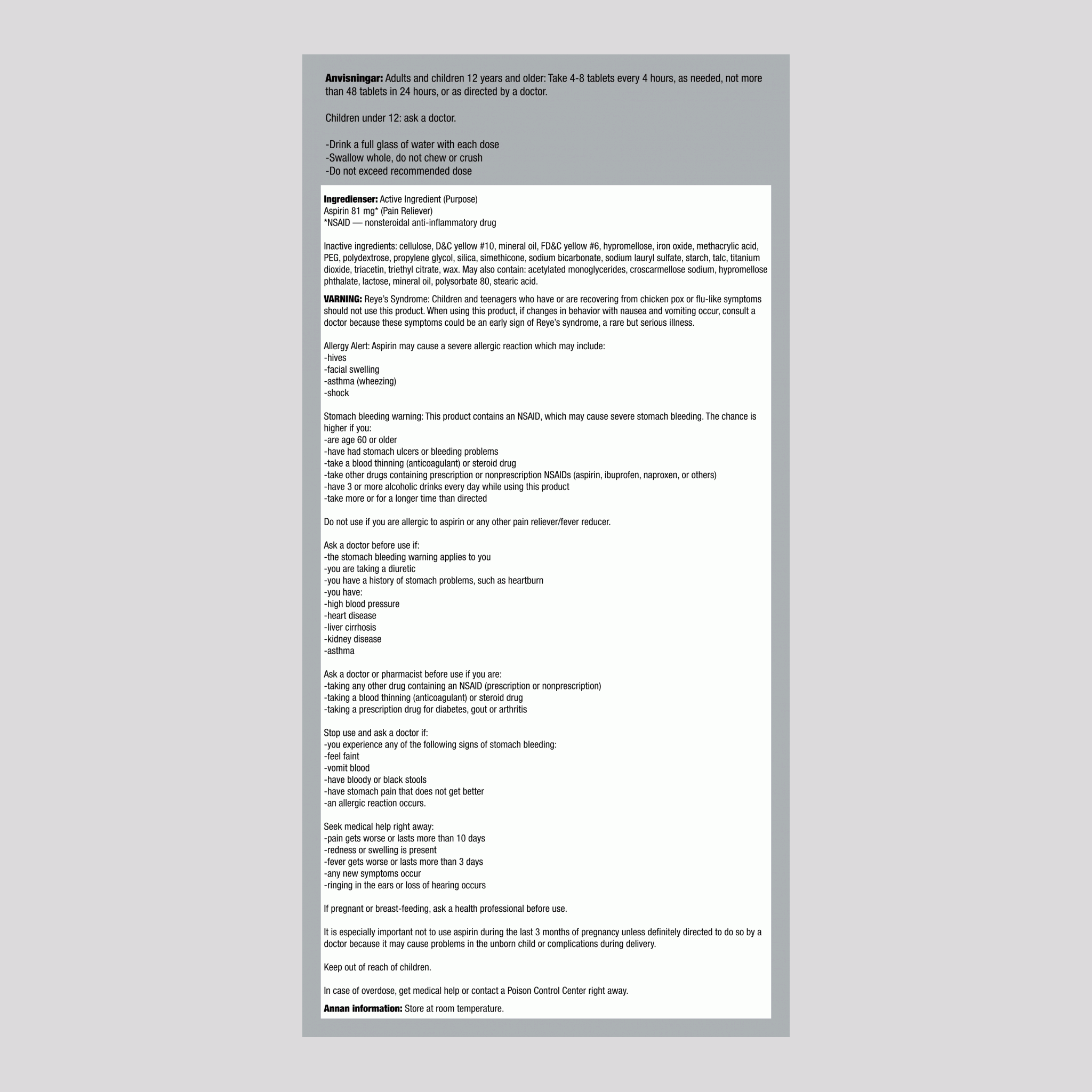 Lågdos aspirin 81 mg med enteriskt överdrag,81 mg Enteriskt överdragna tabletter 300 Tabletter    