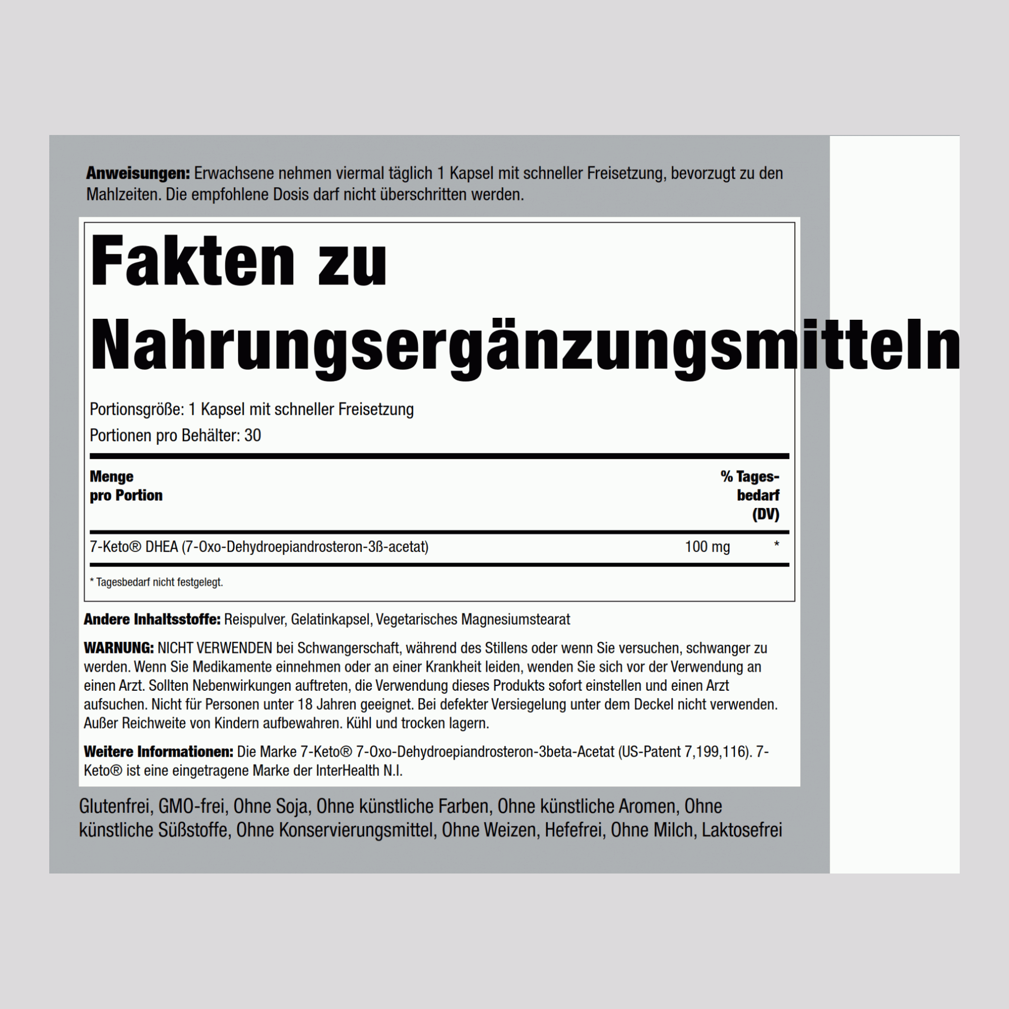 7-Keto DHEA  100 mg 30 Kapseln mit schneller Freisetzung     