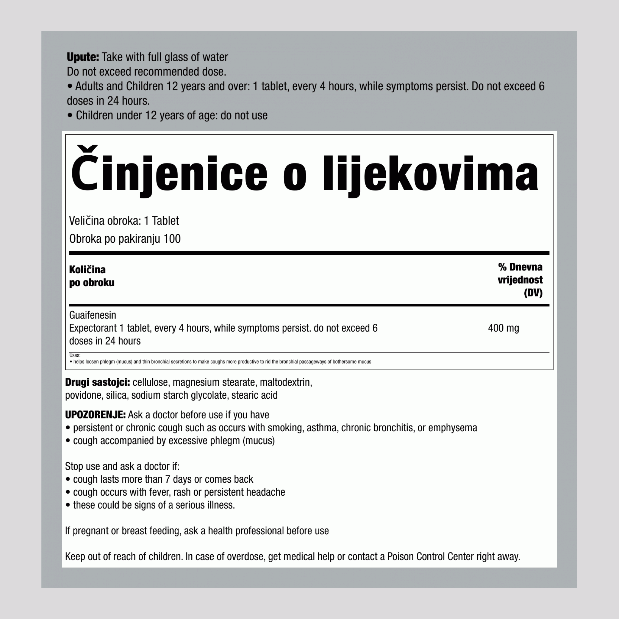 Ekspektorans Guaifenesin 400 mg Usporedi sa Mucinex 100 Tabletlər     