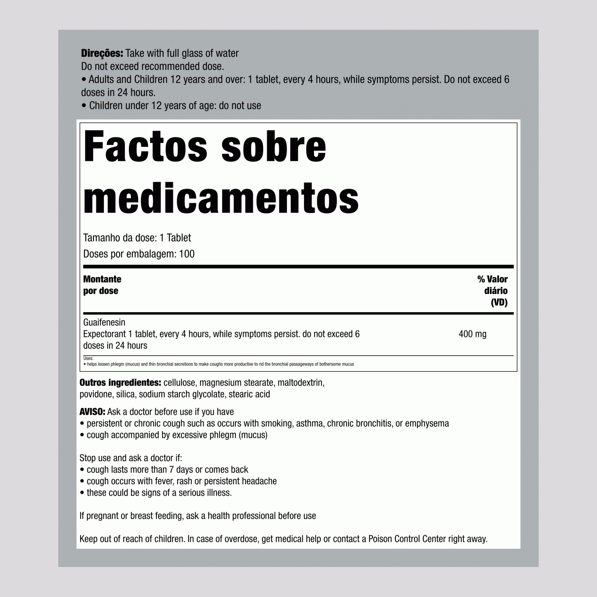 Guaifenesina de alívio para espetoração (espetorante) 400 mg Comparar com Mucinex 100 Tabletlər     