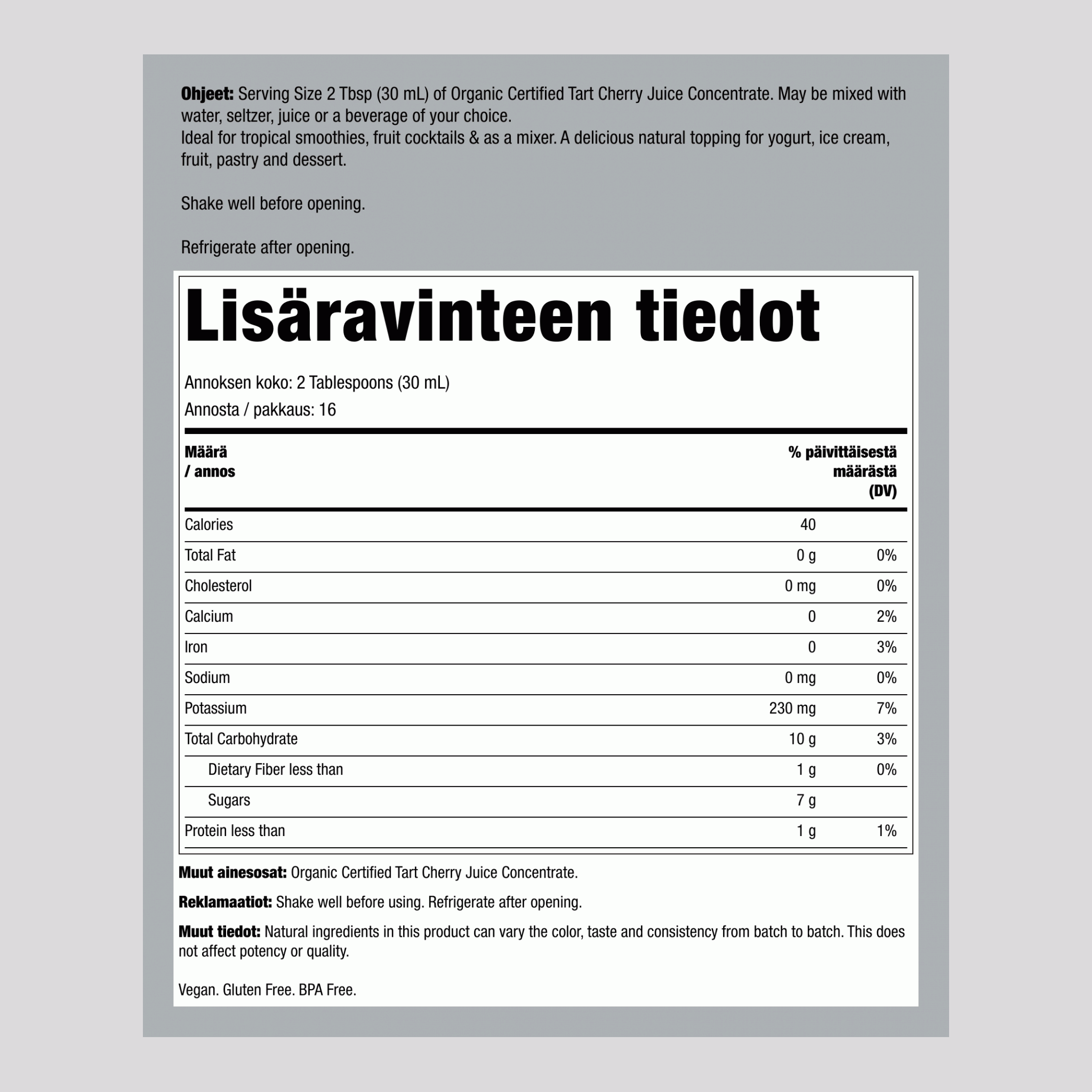 Hapan Kirsikkamehu Konsentraatti (Luomu), 473 mL Pullo