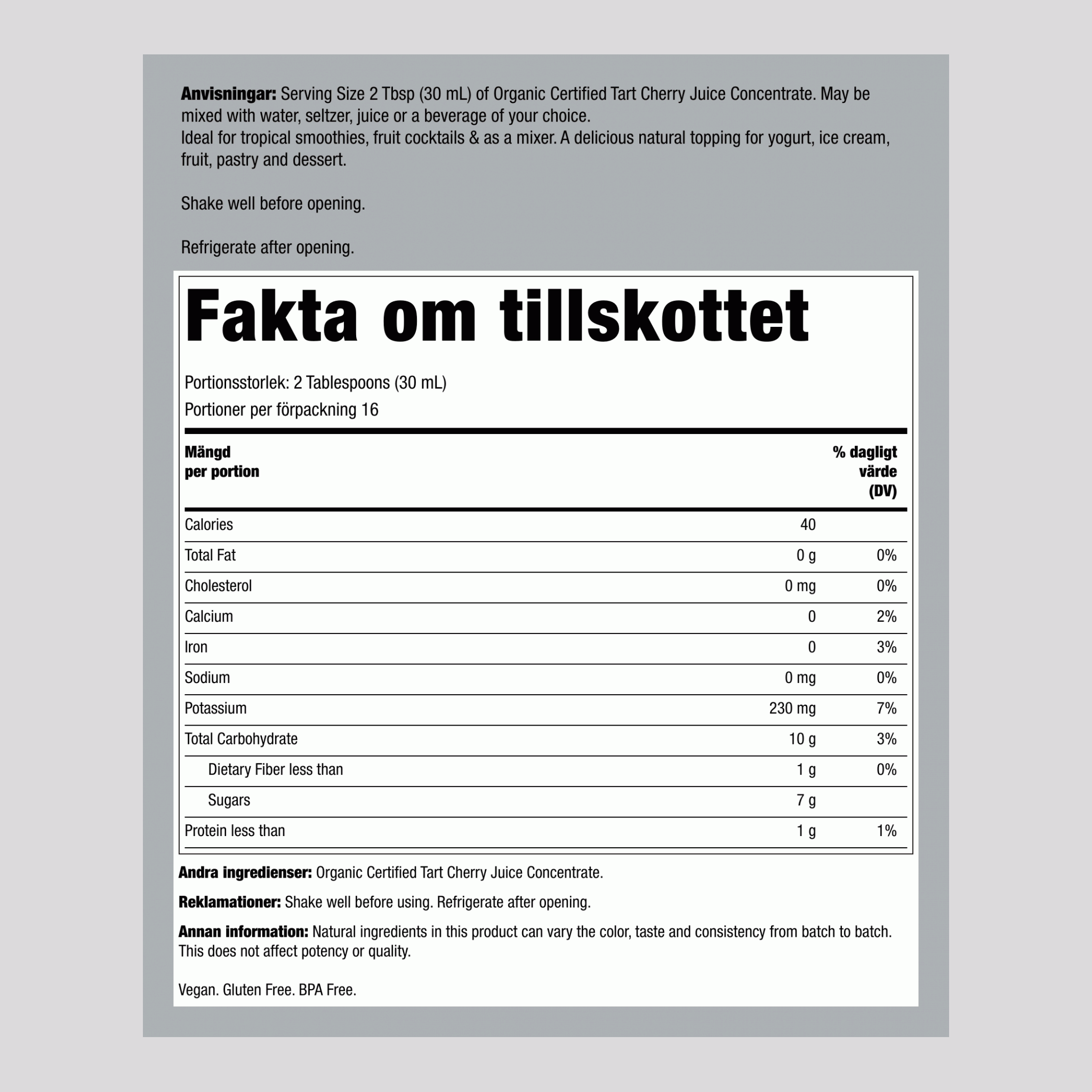 Koncentrat av surkörsbärsjuice (Ekologisk), 473 mL Flaska