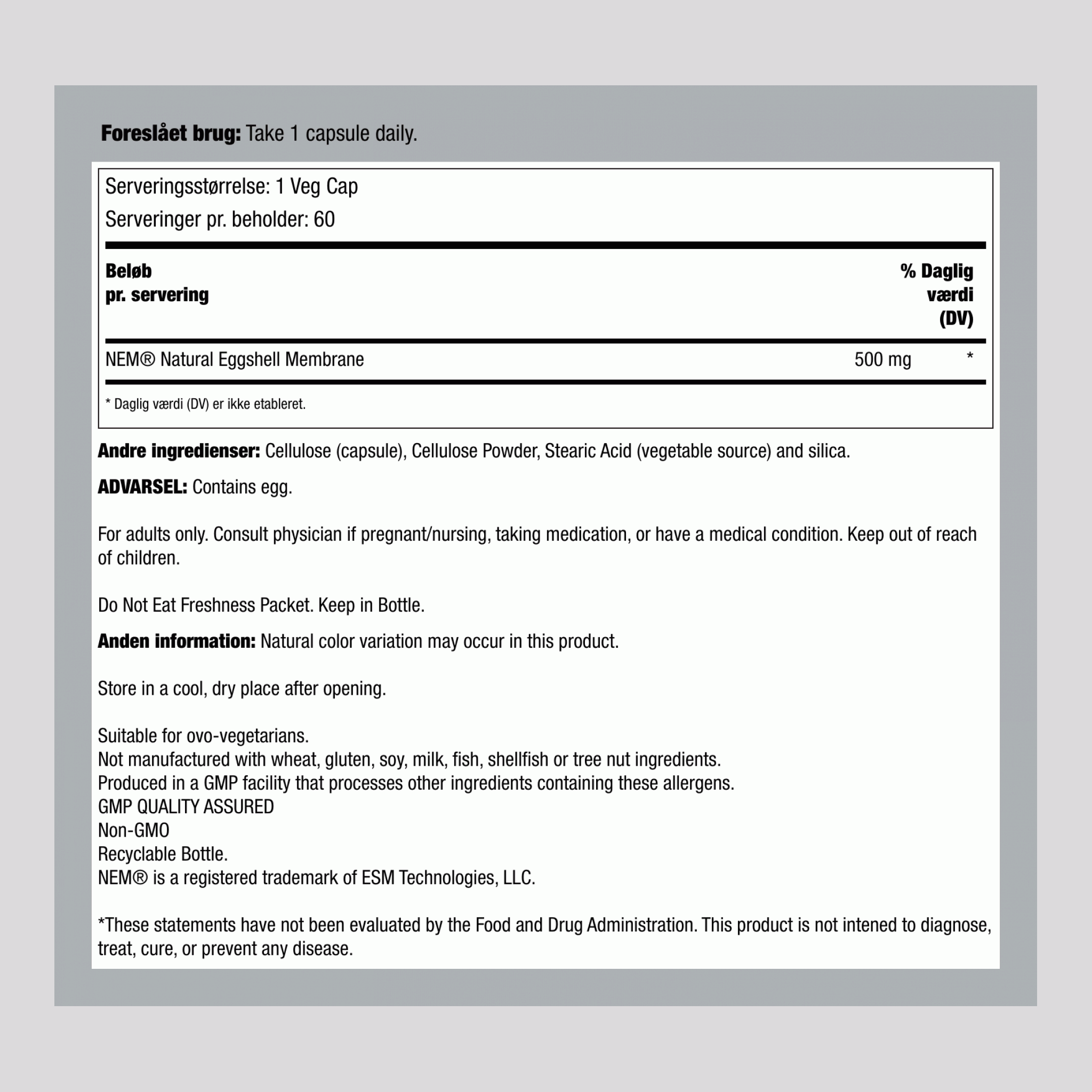 Æggeskalsmembran  500 mg 60 Vegetar-kapsler     