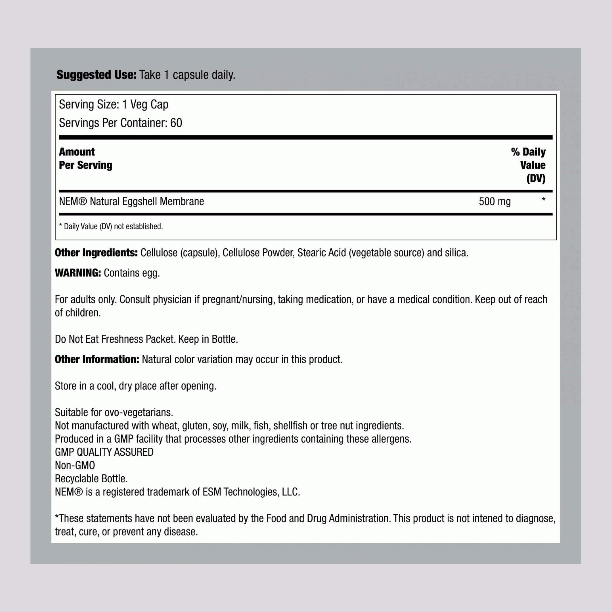 蛋殼膜胶囊  500 mg 60 素食專用膠囊     