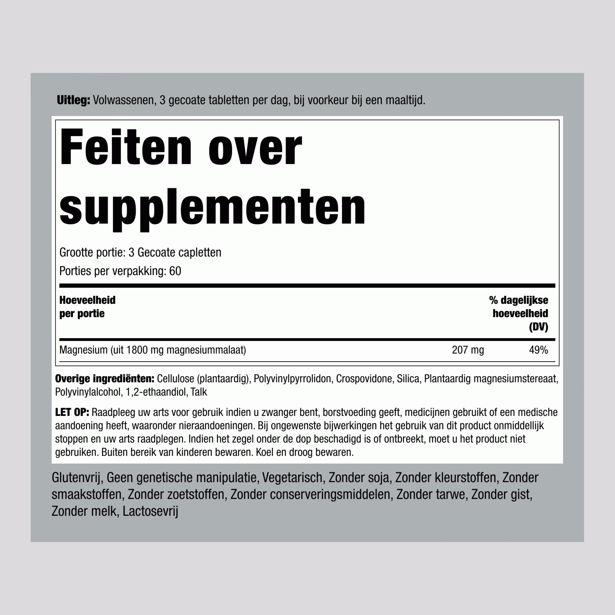 Magnesiummalaat 1800 mg (per portie) 180 Gecoate capletten 2 Flessen   