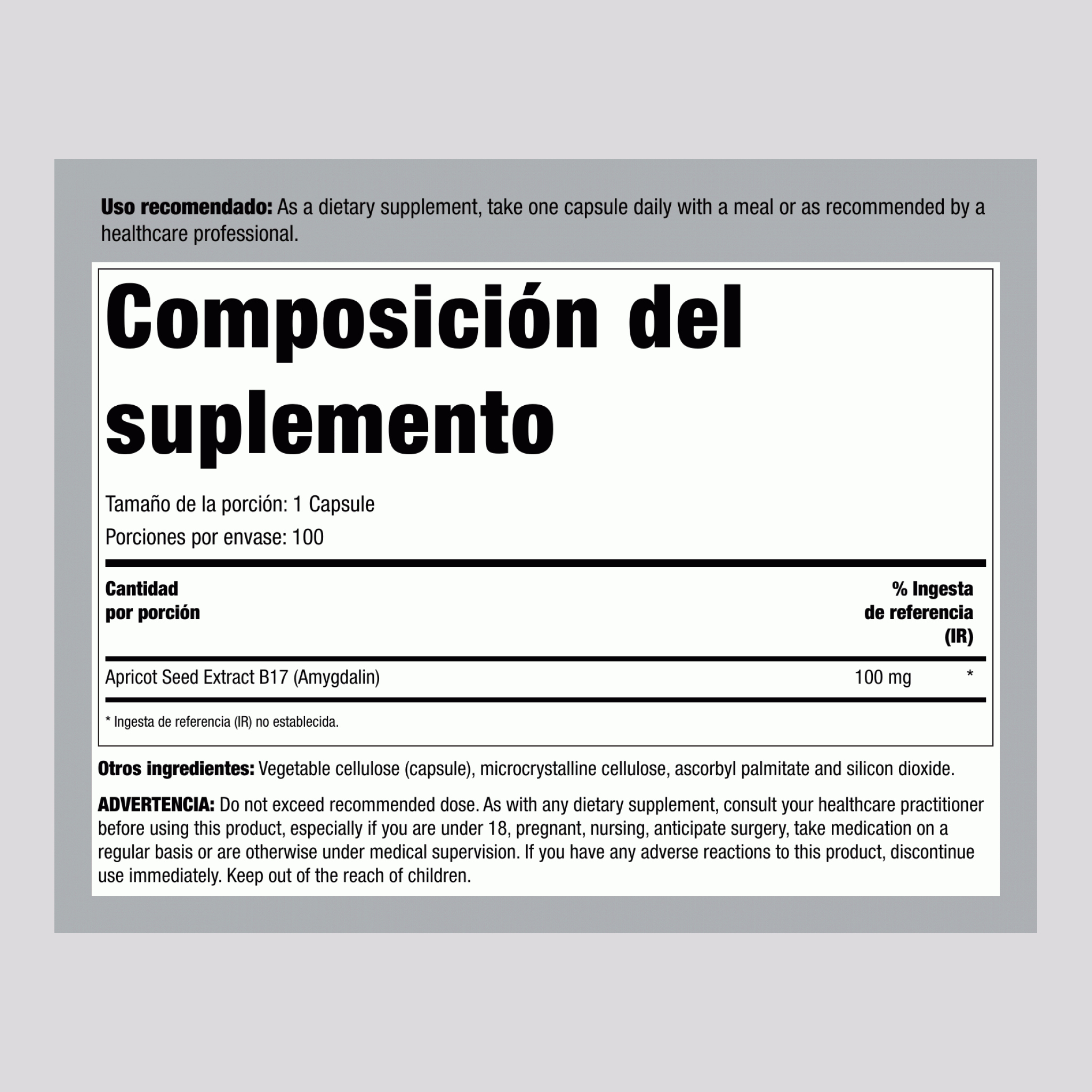 Amigdalina (vitamina B17)  100 mg 100 Cápsulas     