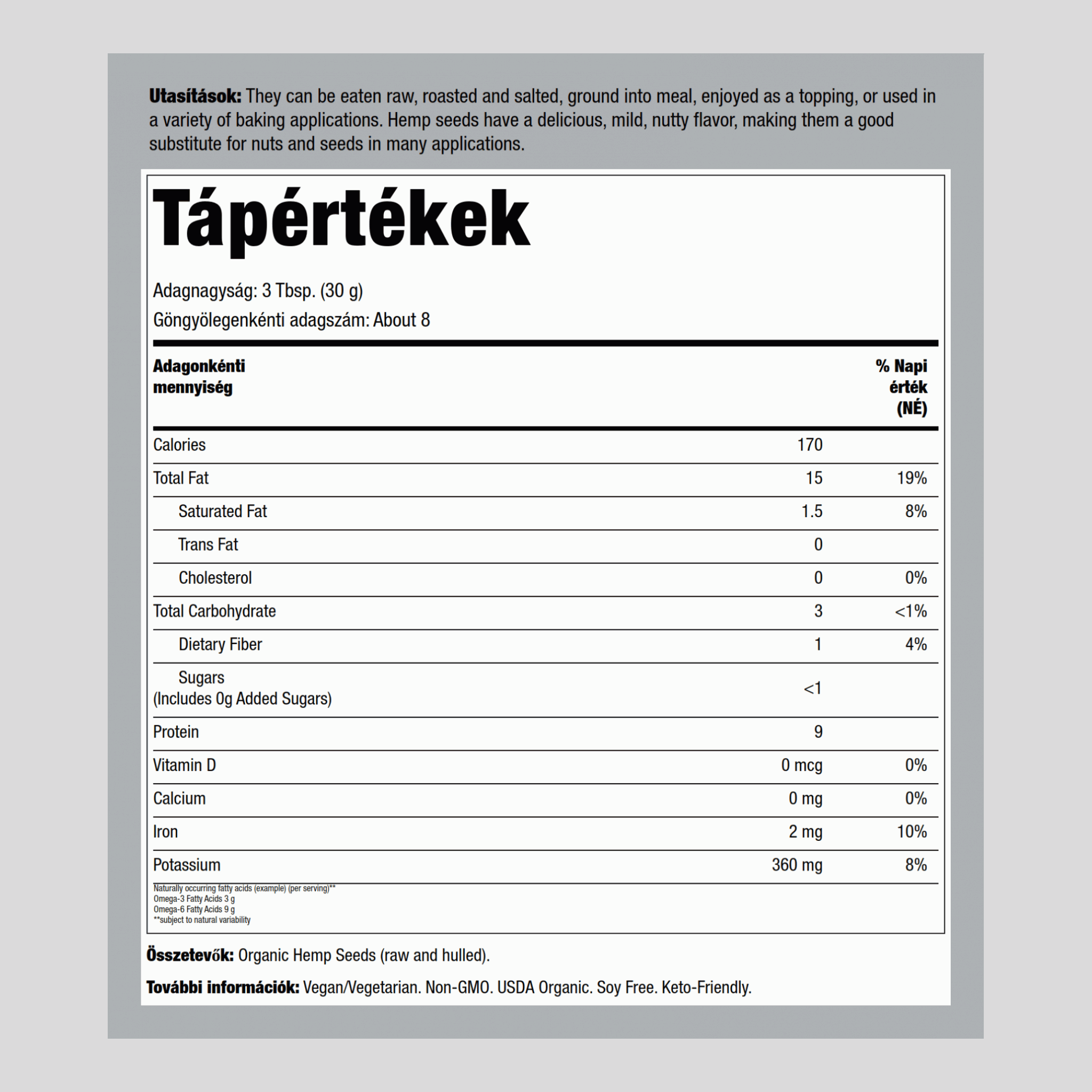 Kendermag, hámozott (Organikus) 12 oz 340 g Zsák    