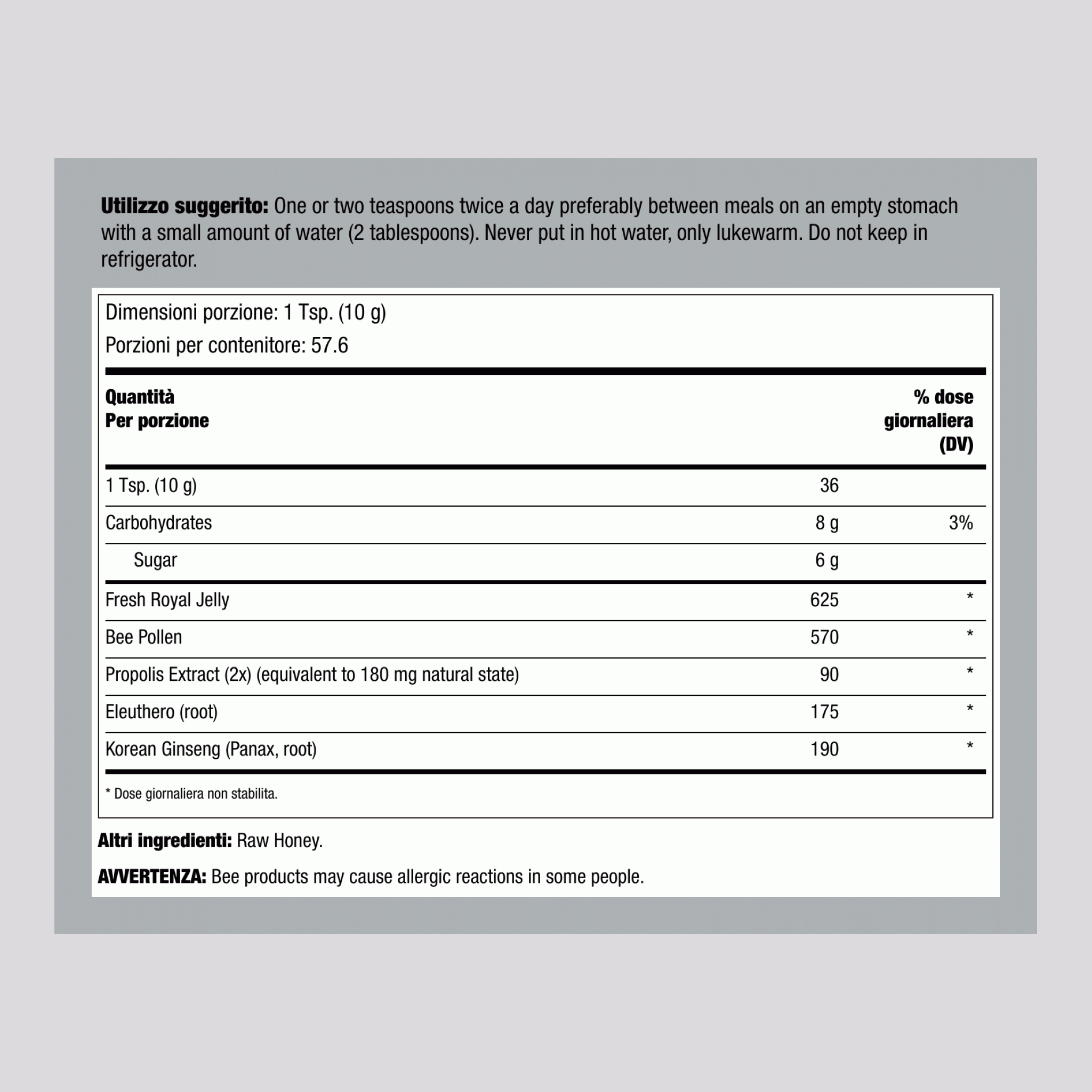 Gelatina reale in miele 20.3 oz Gelatina      