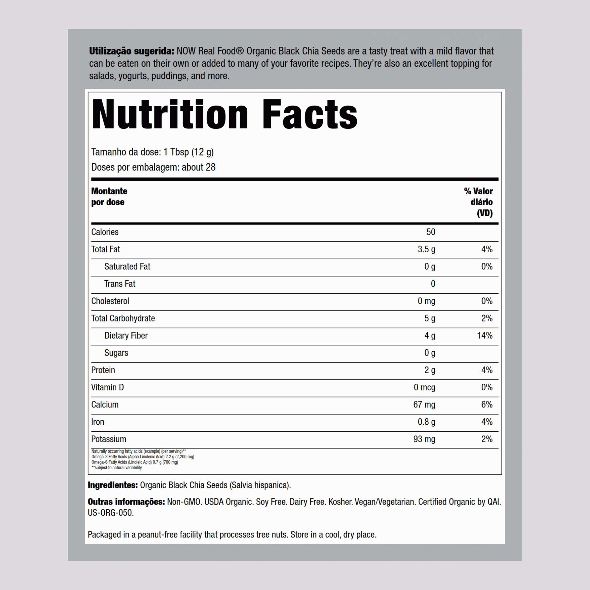 100% Sementes de Chia (Orgânico) 12 oz 340 g Saco    