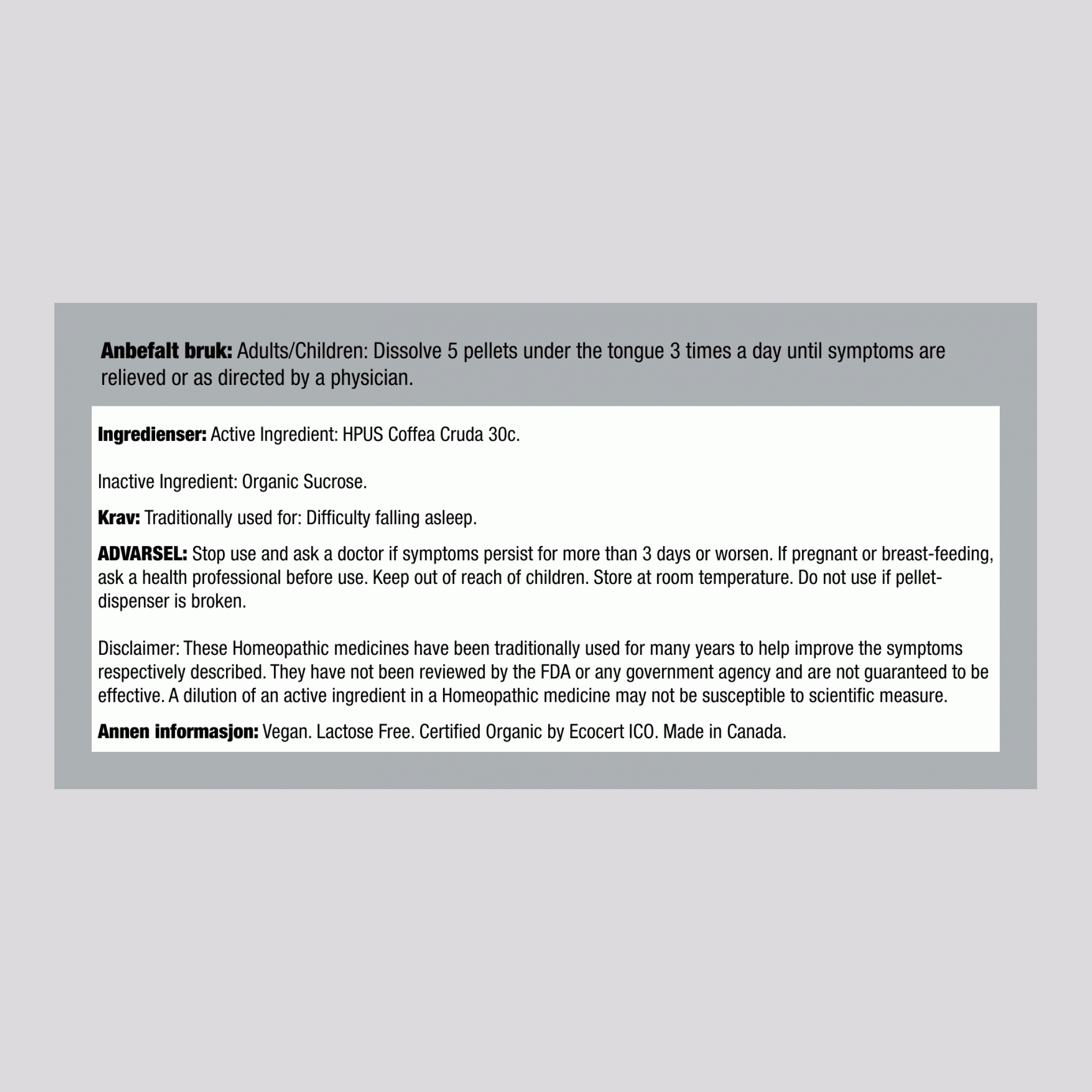 Coffea cruda 30 C, homeopatisk middel mot søvnløshet 80 Piller       