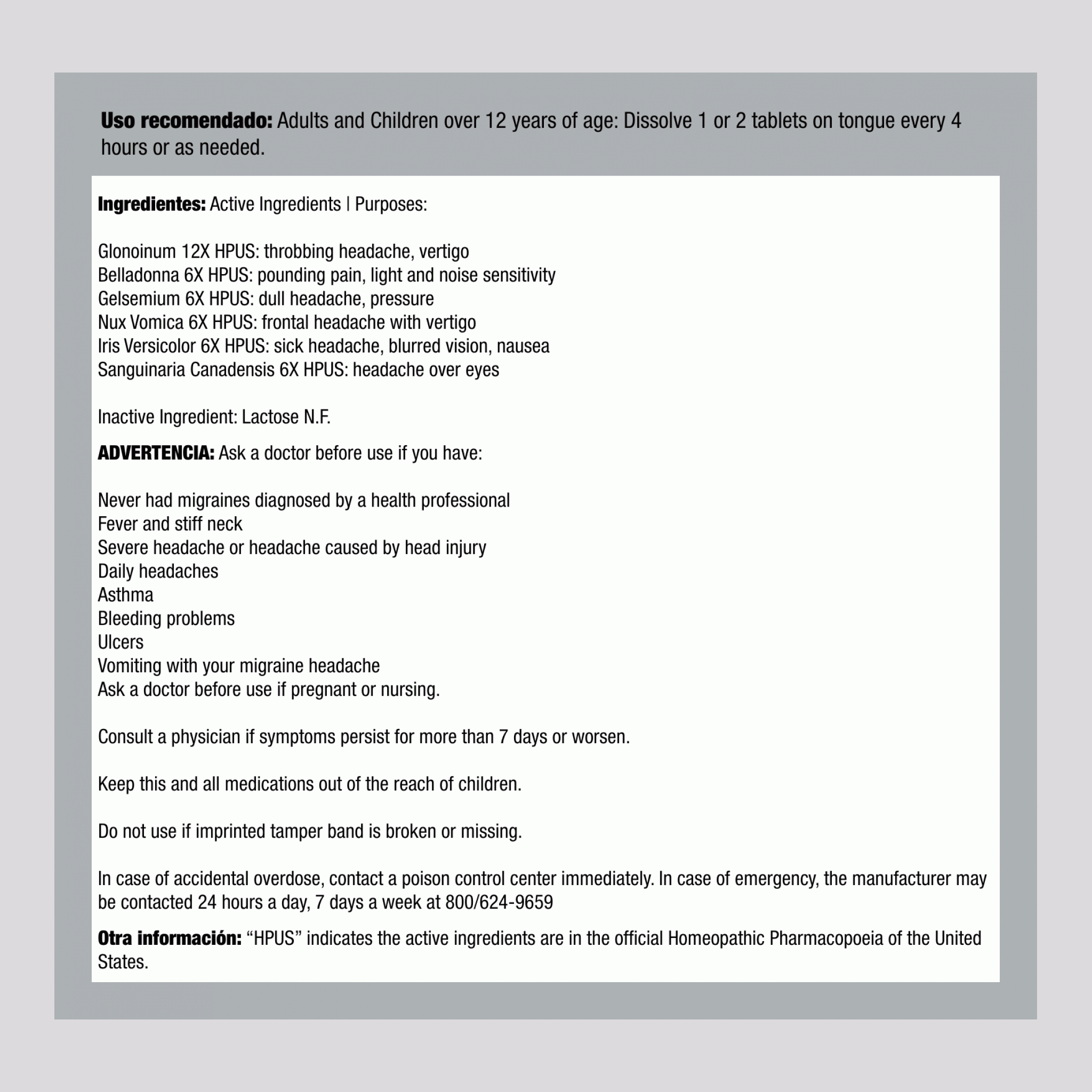 Dolor de cabeza con migraña 100 Tabletas       