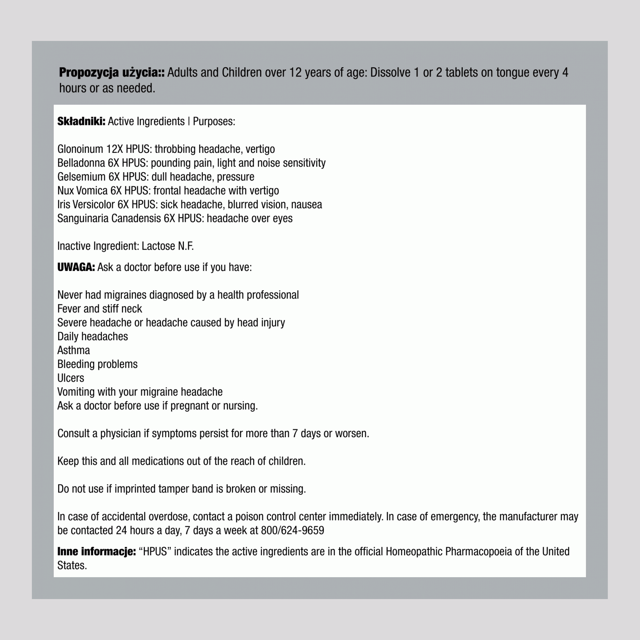 Migrena Ból głowy 100 Tabletki       