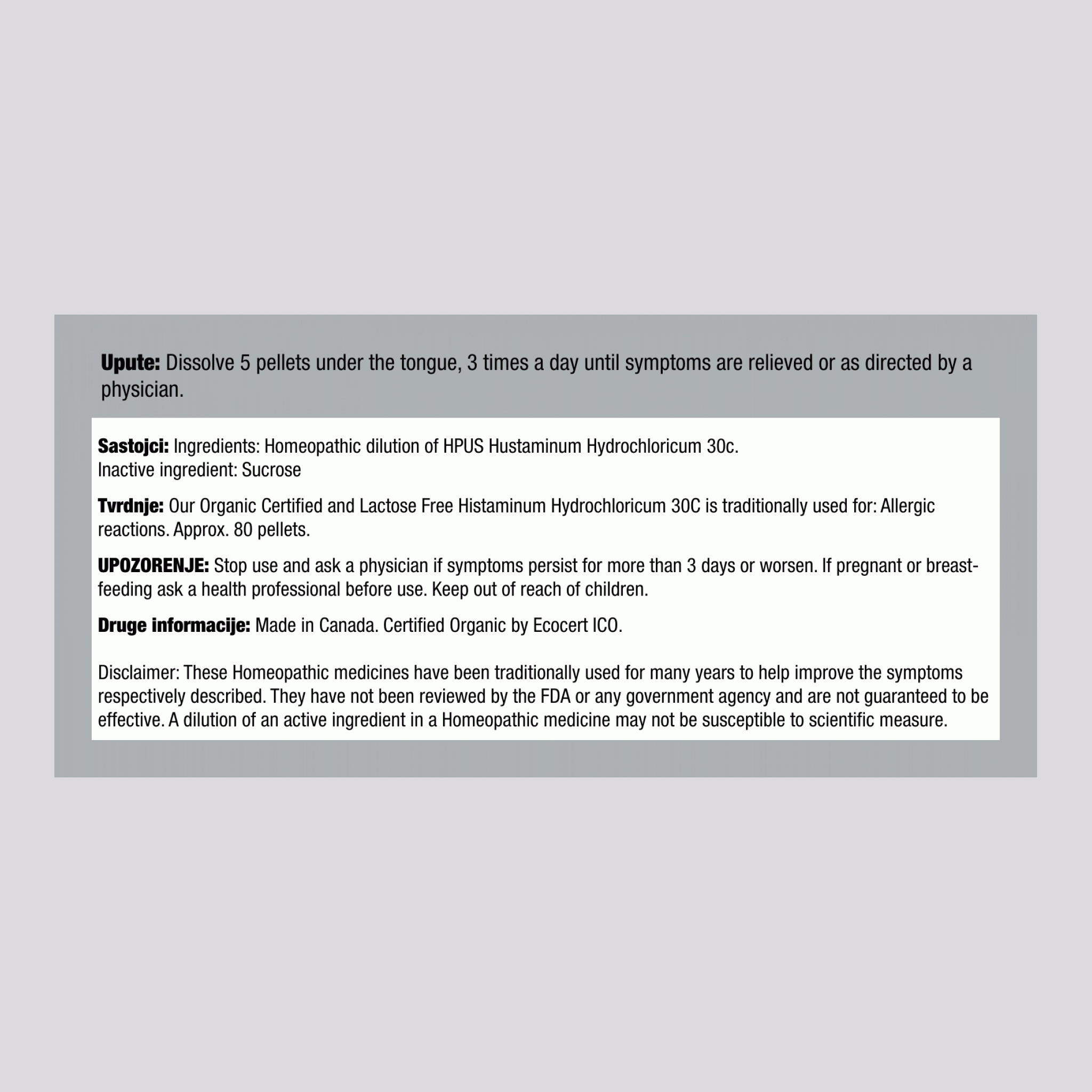 Histaminum 30c Homeopatski pripravak za alergije 80 Peleti       