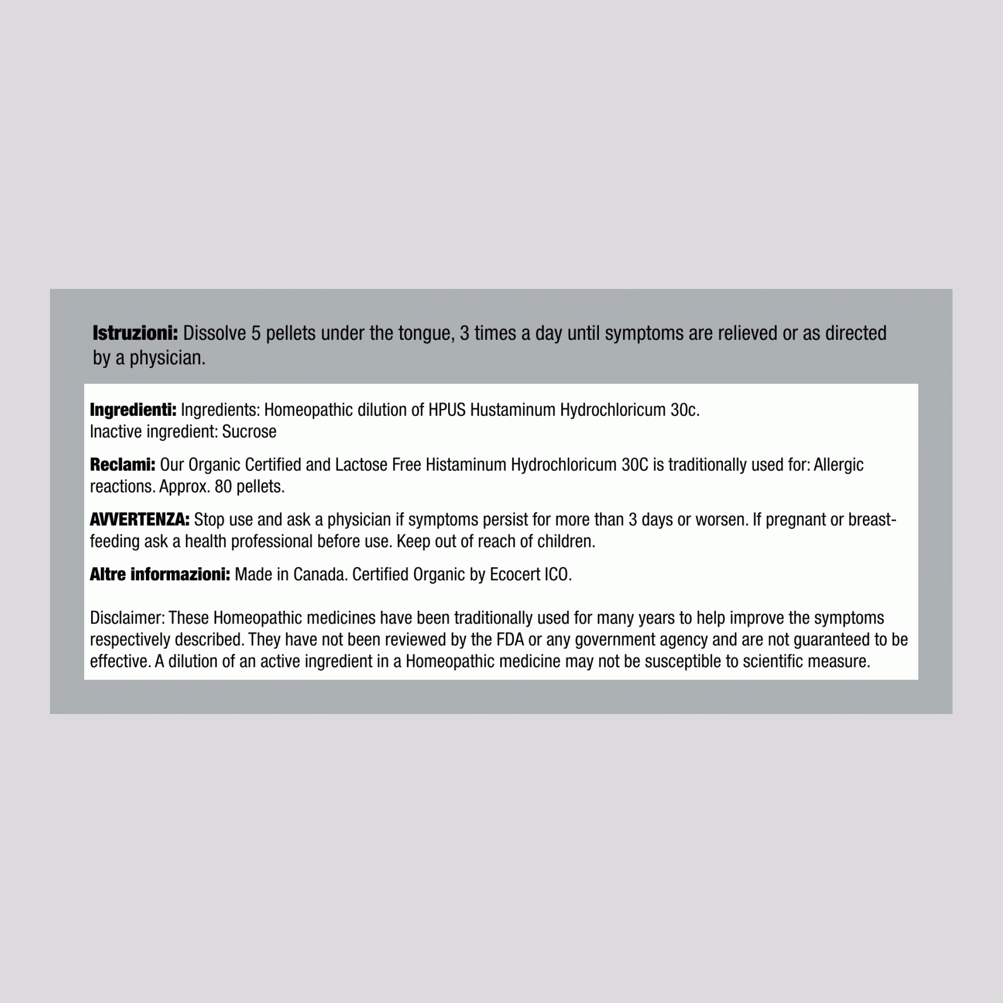 Histaminum Hydrochloricum 30c, rimedio omeopatico per allergie 80 Pillole       