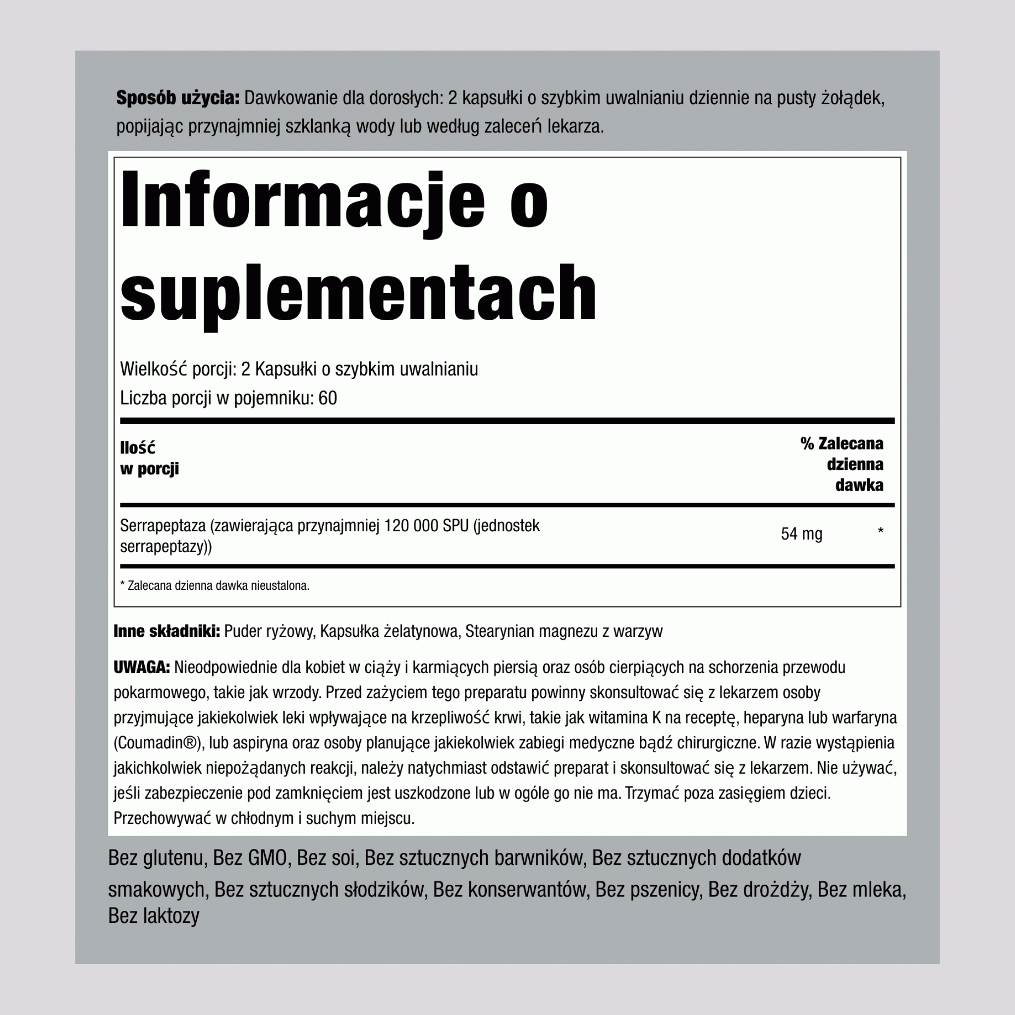Serrapeptase ,  120,000 SPU 120 Kapsułki o szybkim uwalnianiu 2 Butelki