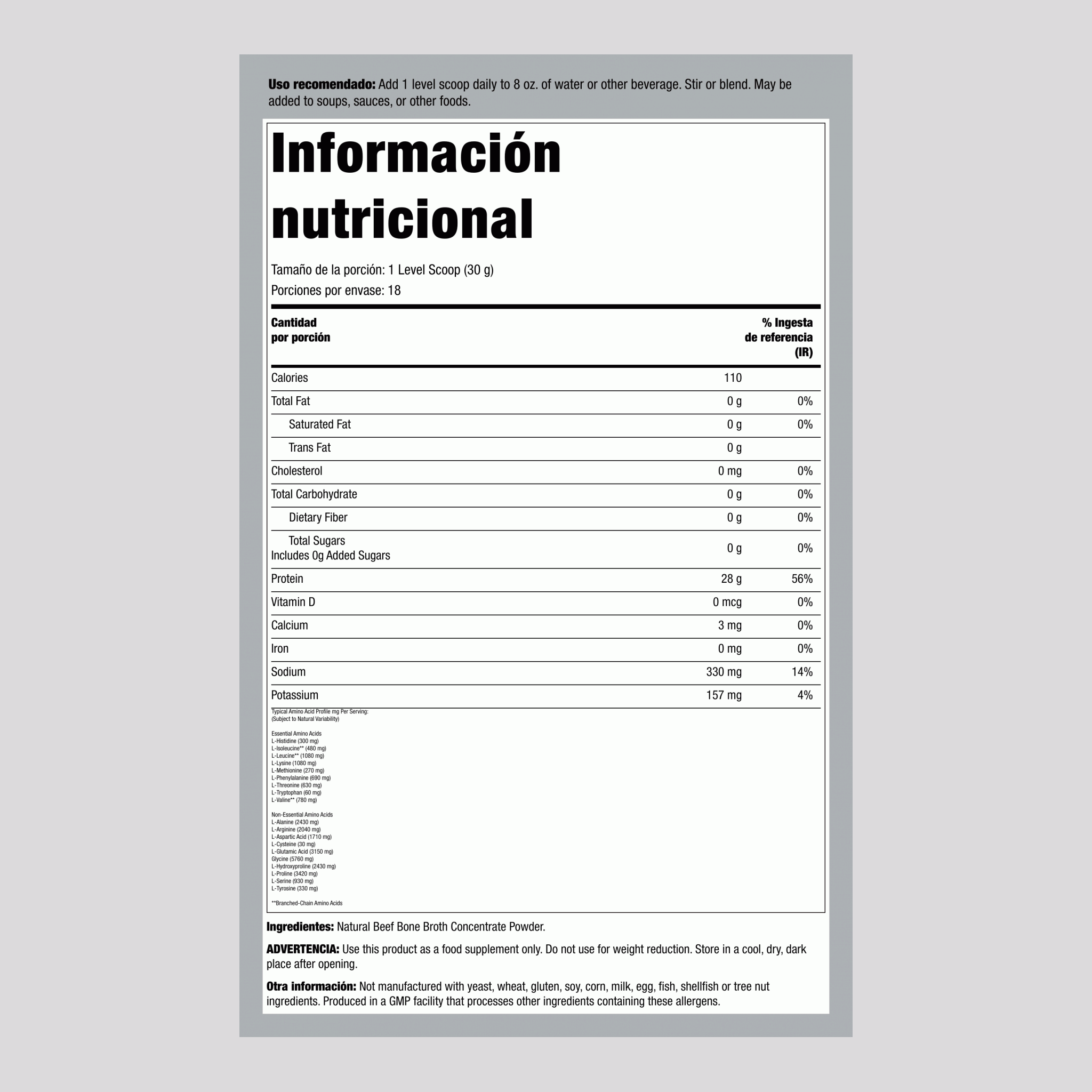 Polvo de caldo de hueso de ternera 1.2 lbs 544 g Botella/Frasco    