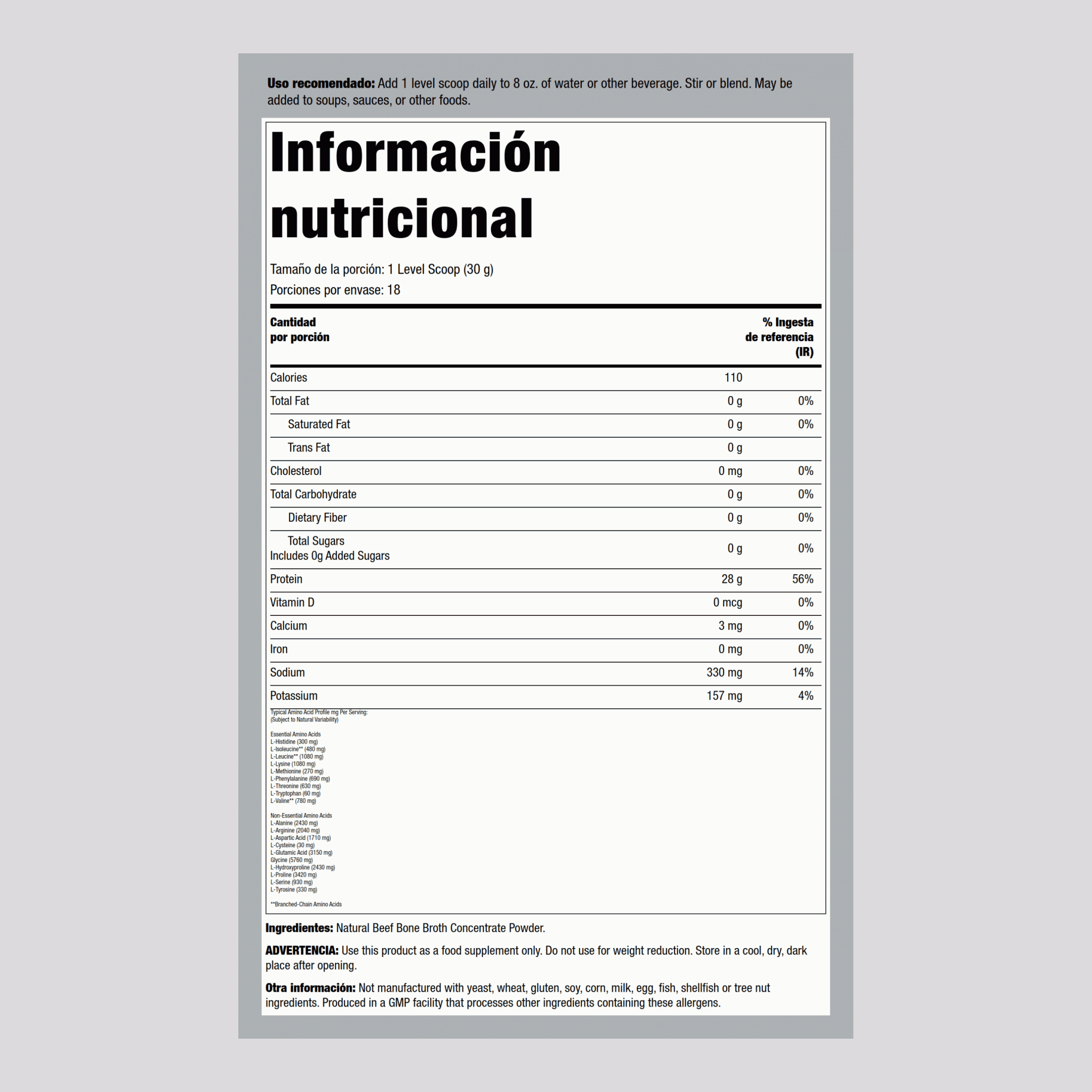 Polvo de caldo de hueso de ternera 1.2 lbs 544 g Botella/Frasco    