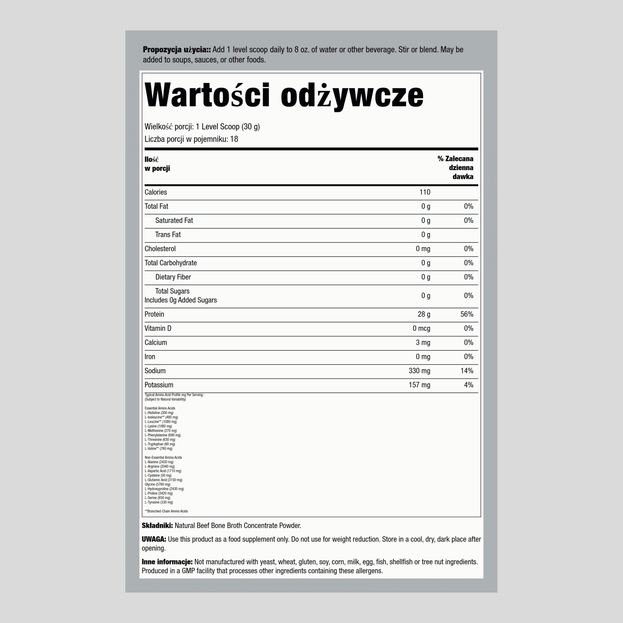 Bulion na kości wołowej w proszku 1.2 lbs 544 g Butelka    