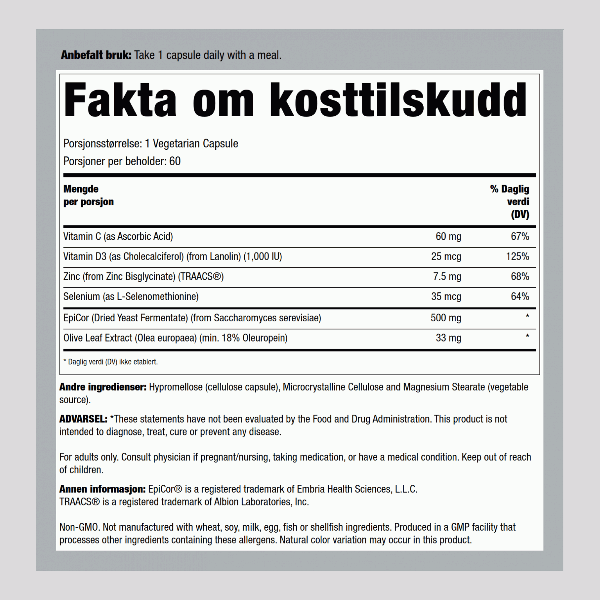 EpiCor Plus-immunitet 60 Vegetarianske kapsler       