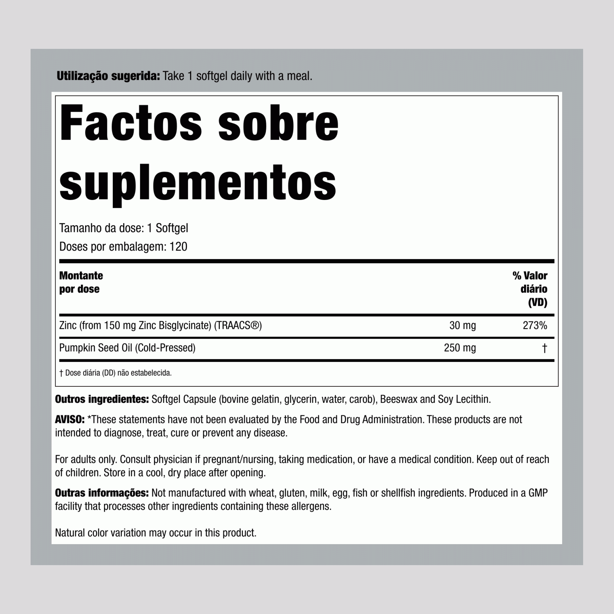 Óleo de Semente de Abóbora com Glicinato de Zinco 30 mg 120 Cápsulas gelatinosas     