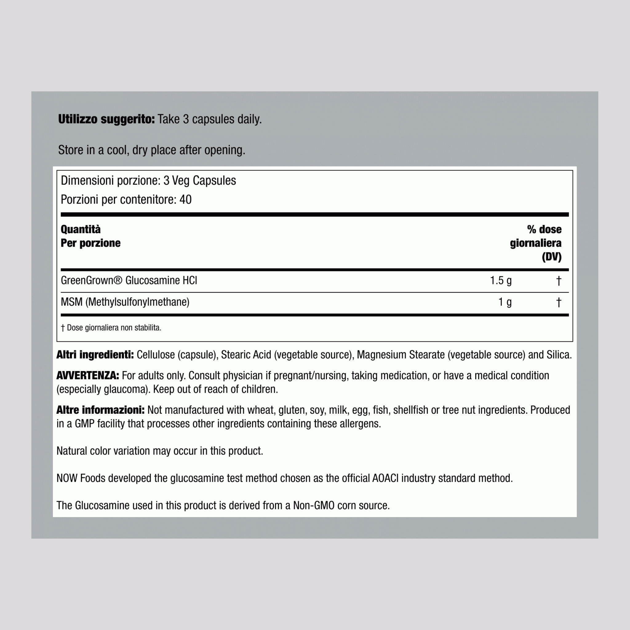 Glucosamina vegetariana e MSM  500 mg 120 Capsule vegetariane     