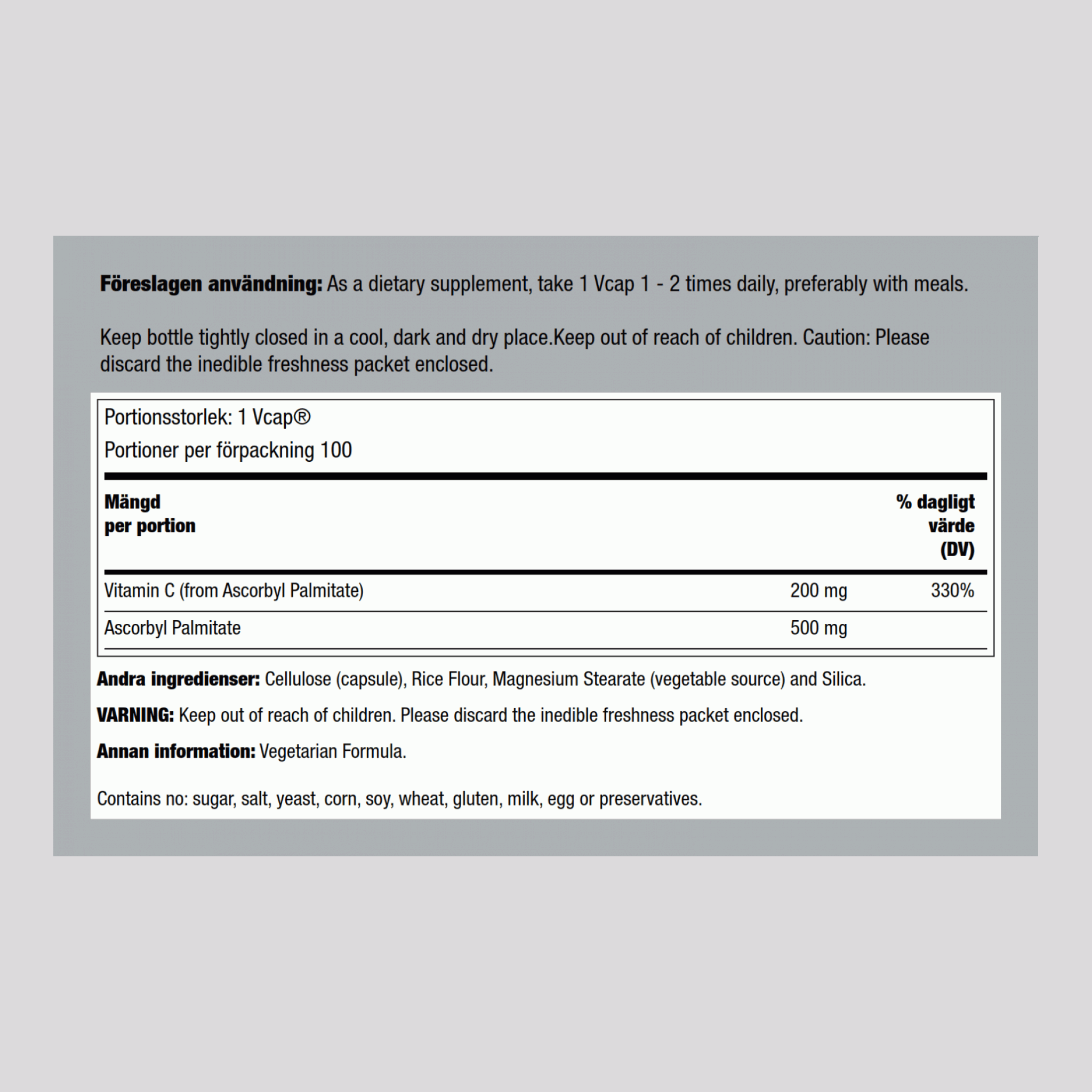 Askorbylpalmitat  500 mg 100 Vegetariska kapslar     