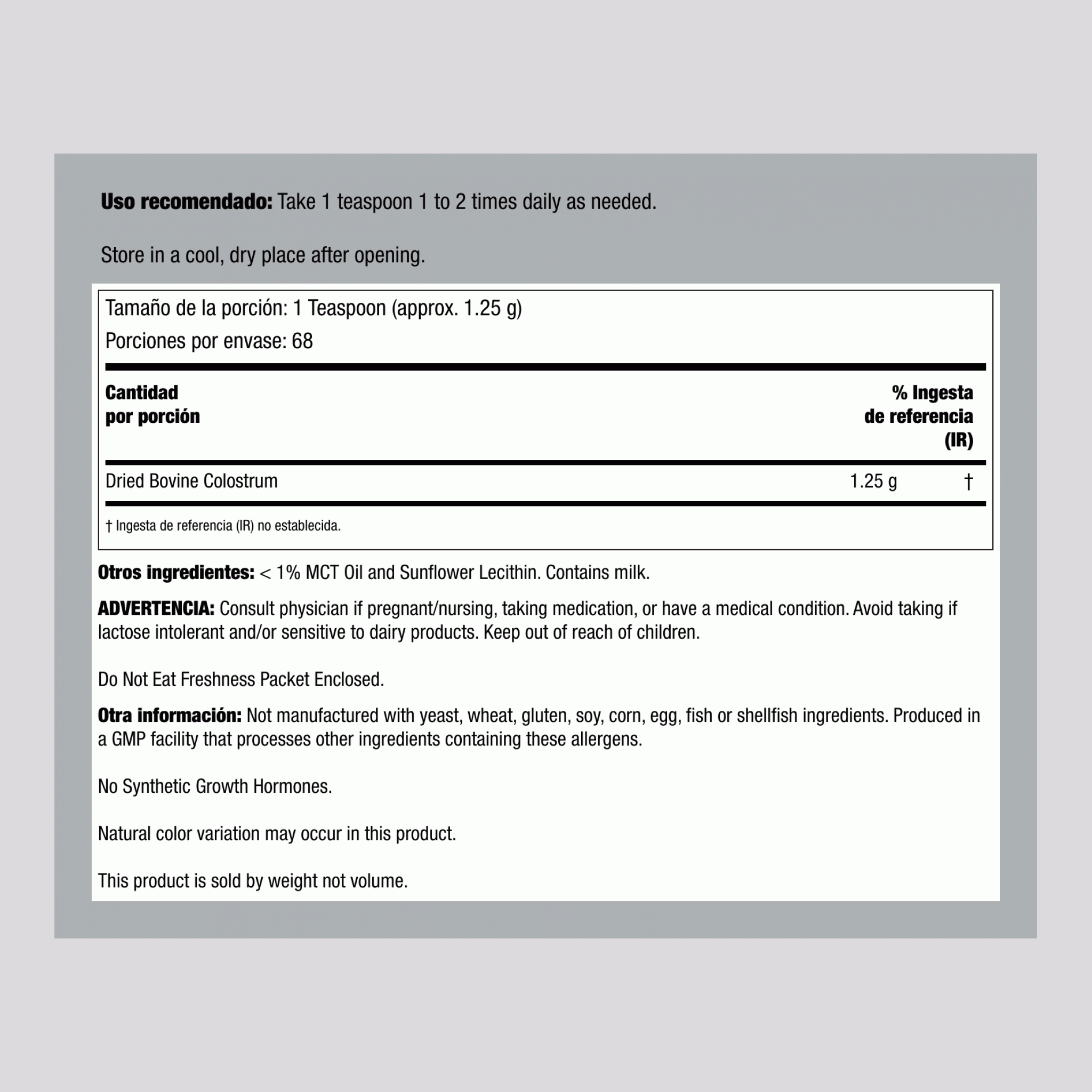 Polvo de calostro 1250 mg 3 oz Botella/Frasco    
