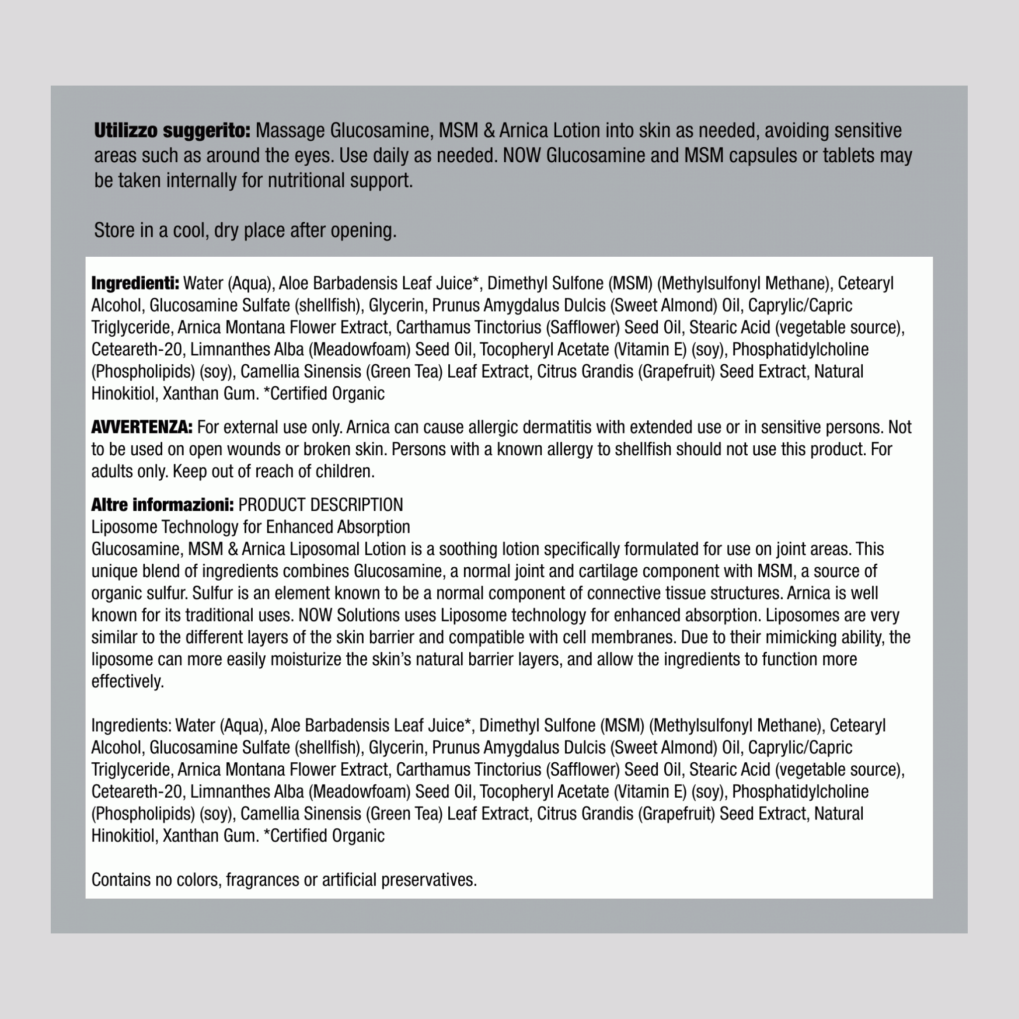 Lozione liposomica glucosamina, MSM e arnica 8 oz Tubetto      