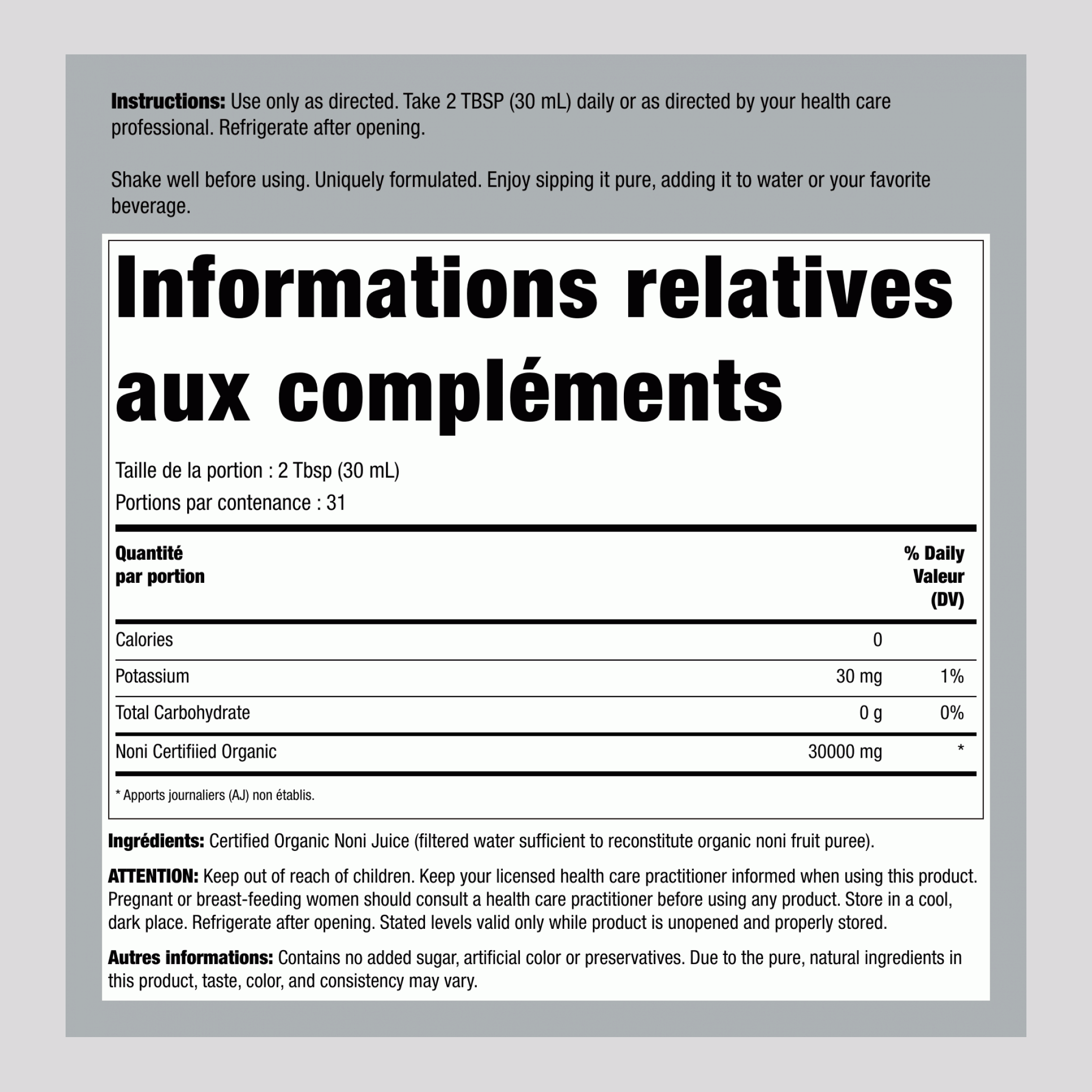 Noni 100% Juice (Organic), 32 fl oz (946 mL) Bottle