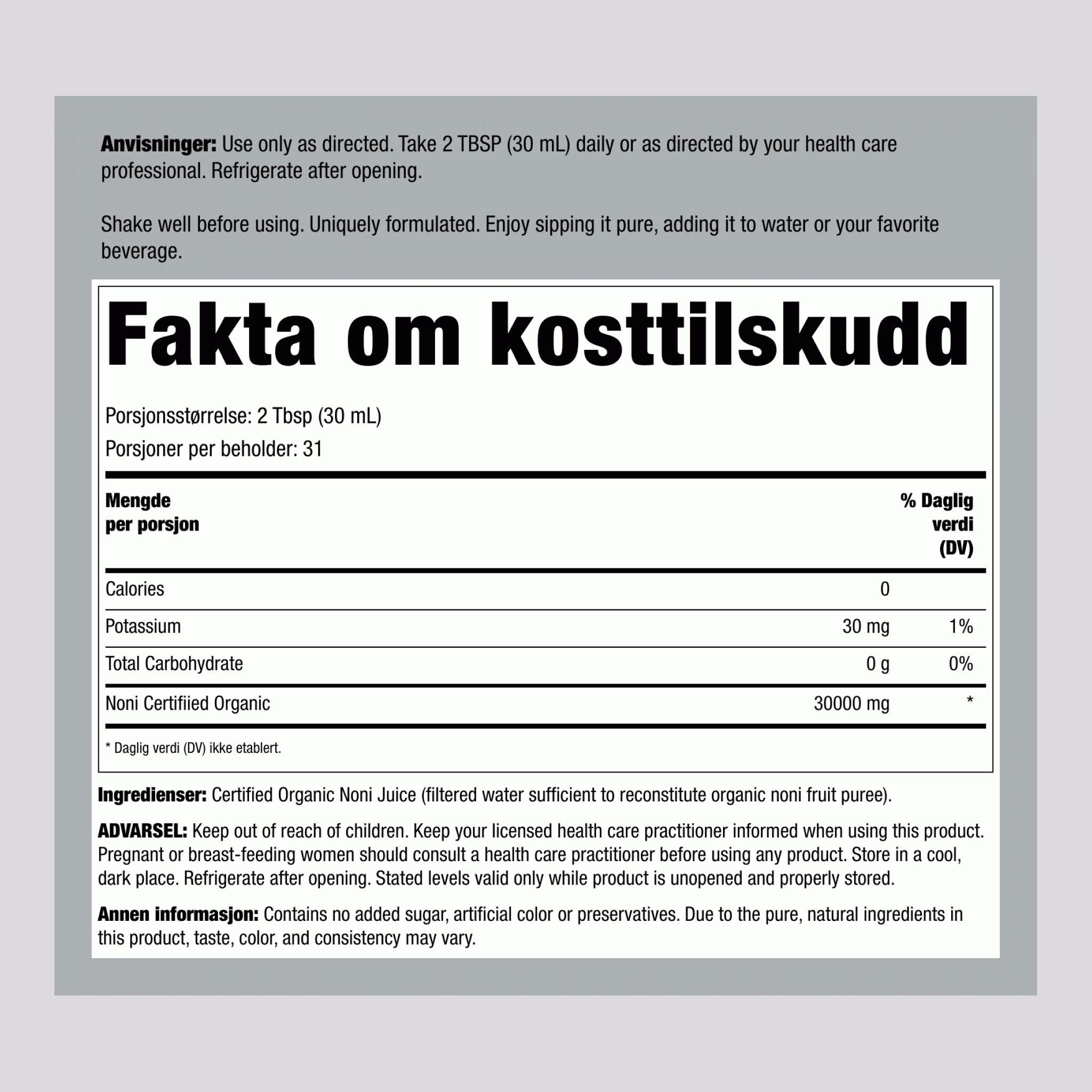 Noni 100% Juice (Organic), 32 fl oz (946 mL) Bottle