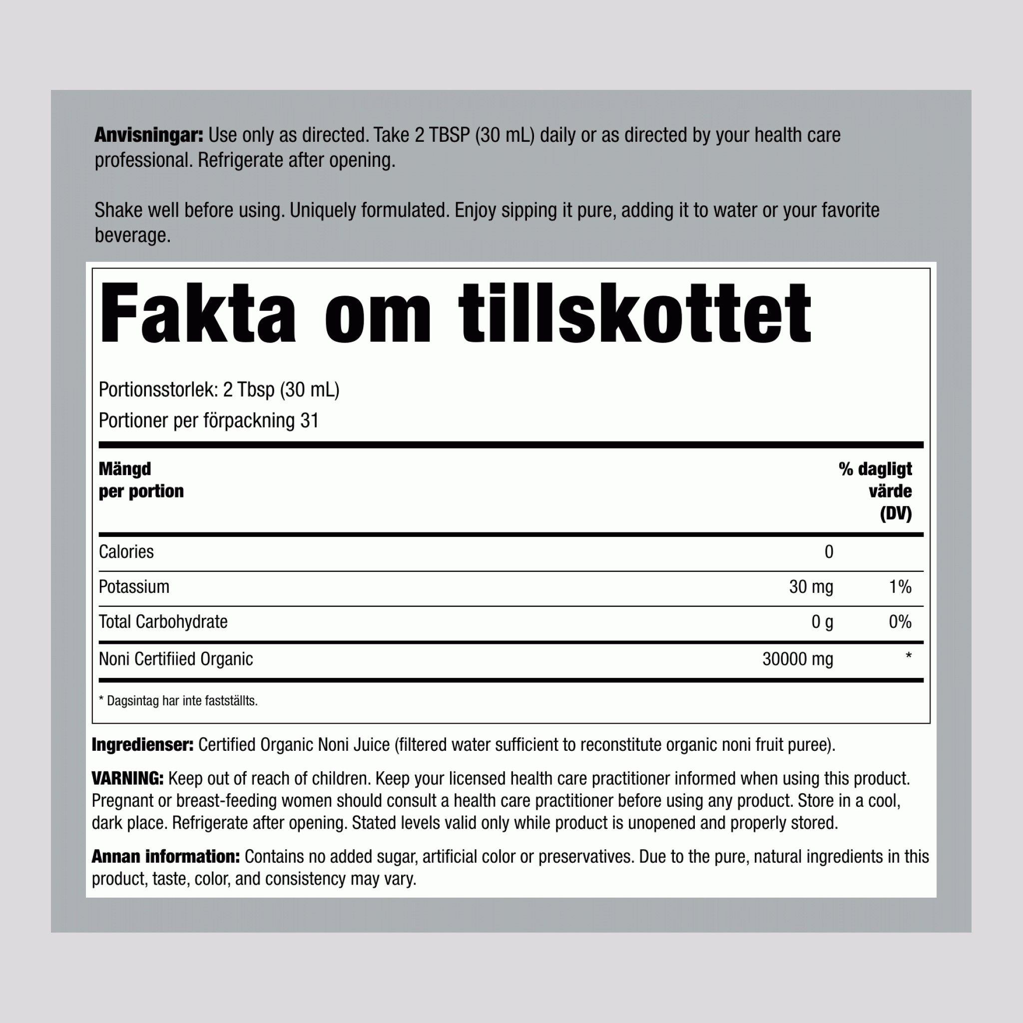 Noni 100% Juice (Organic), 32 fl oz (946 mL) Bottle