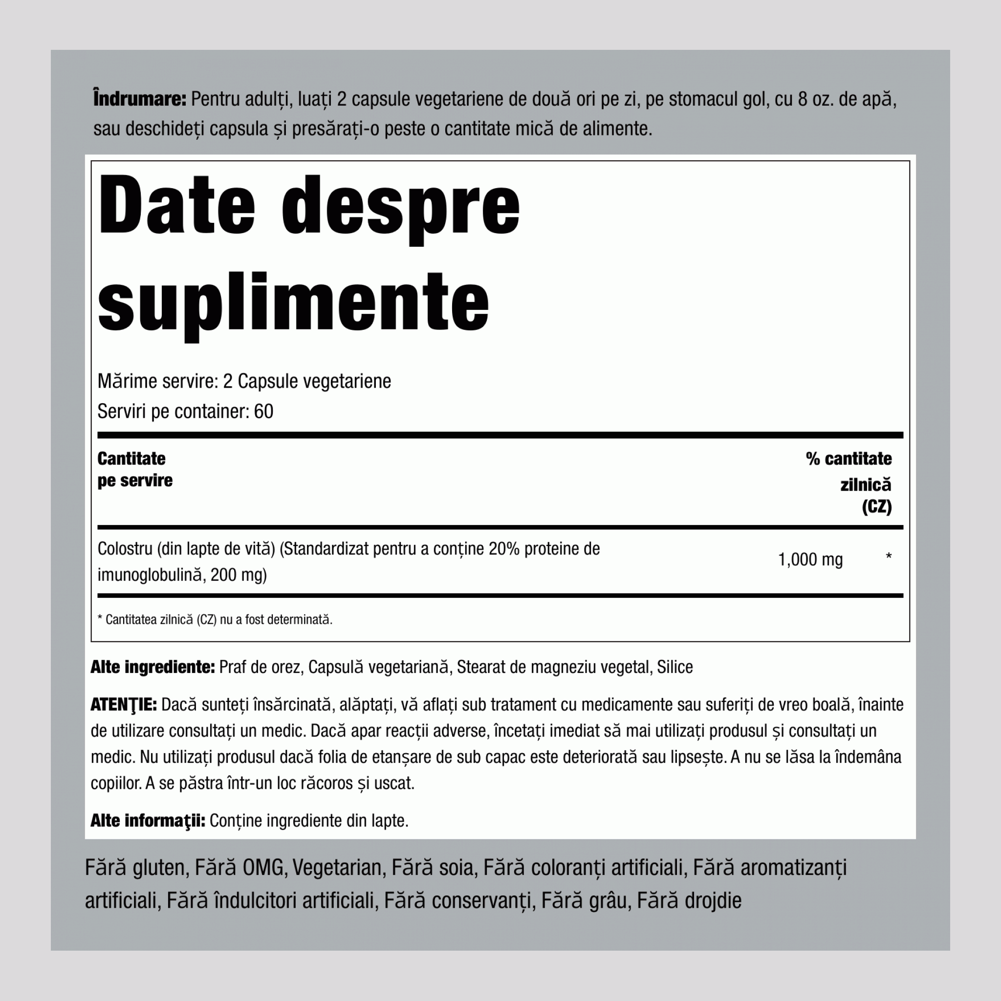 Ultra Colostrum (IG ridicat) 1000 mg (per porție) 120 Capsule vegetariene 2 Sticle   