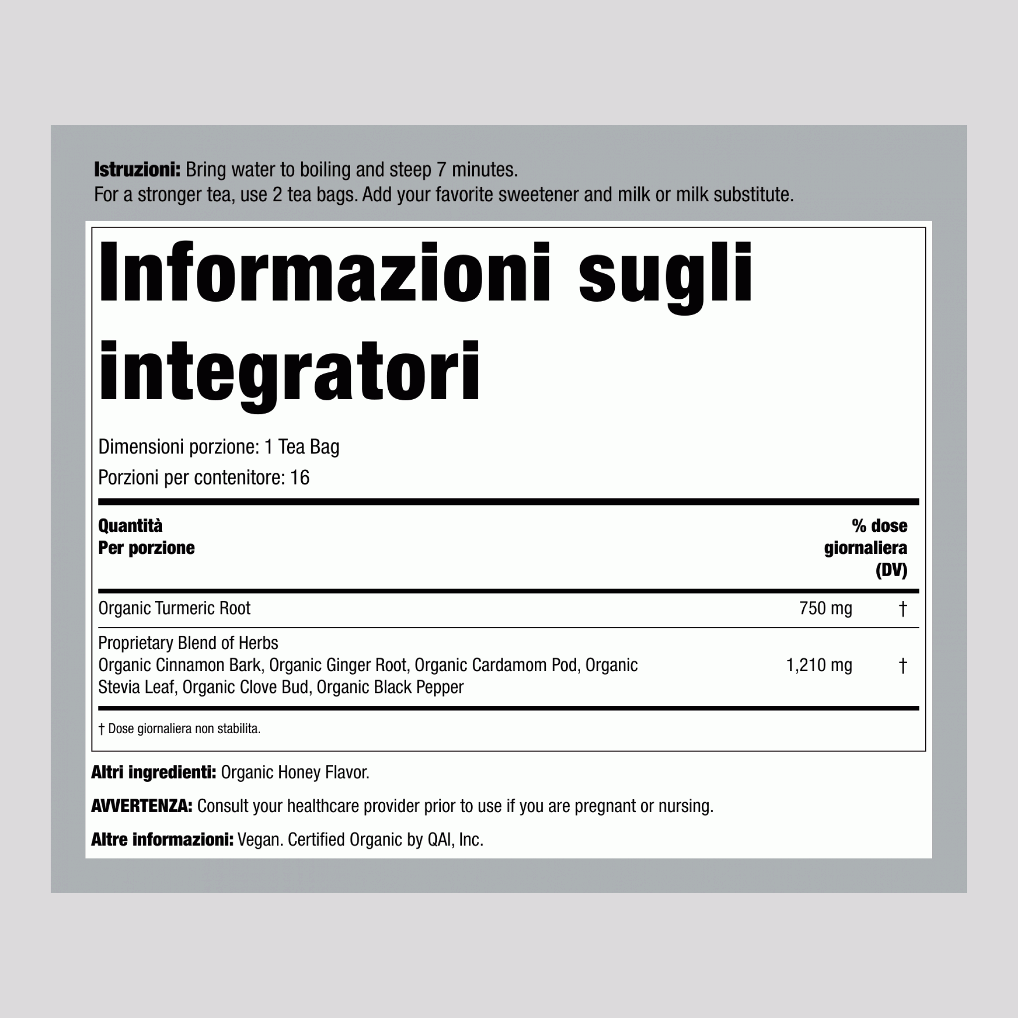 Tè alla curcuma chai e miele (Biologico) 16 Bustine del tè       
