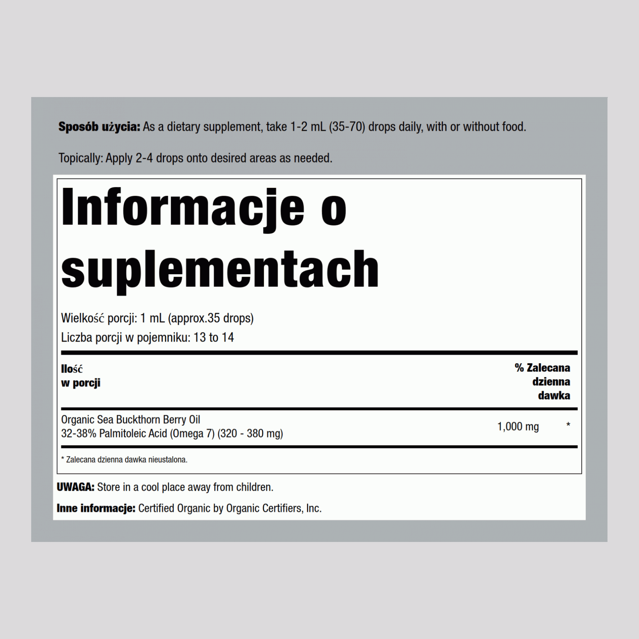 Olej z jagód rokitnika 0.45 uncja 13.3 ml Butelka    