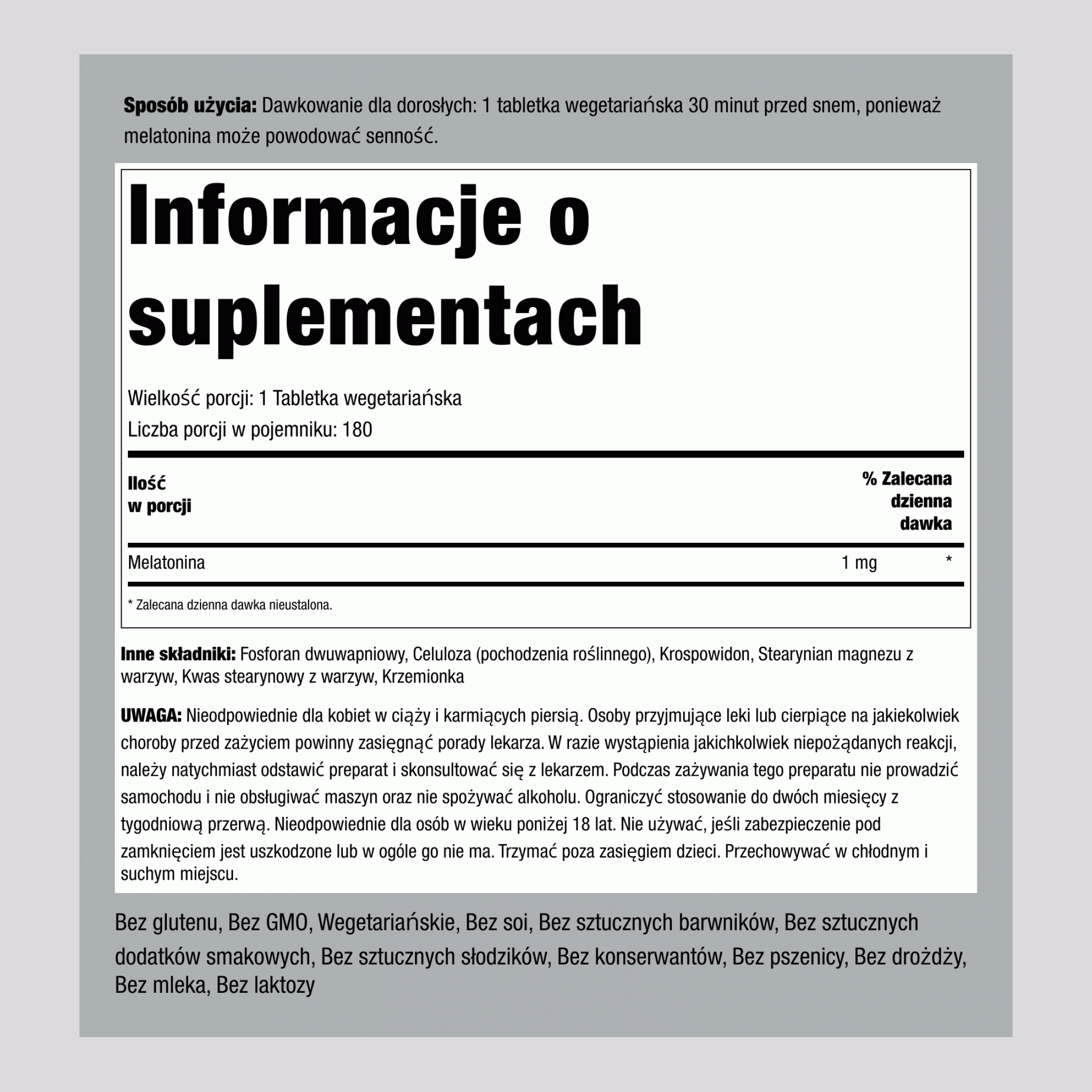 Melatonina ,  1 mg 180 Tabletki 2 Butelki