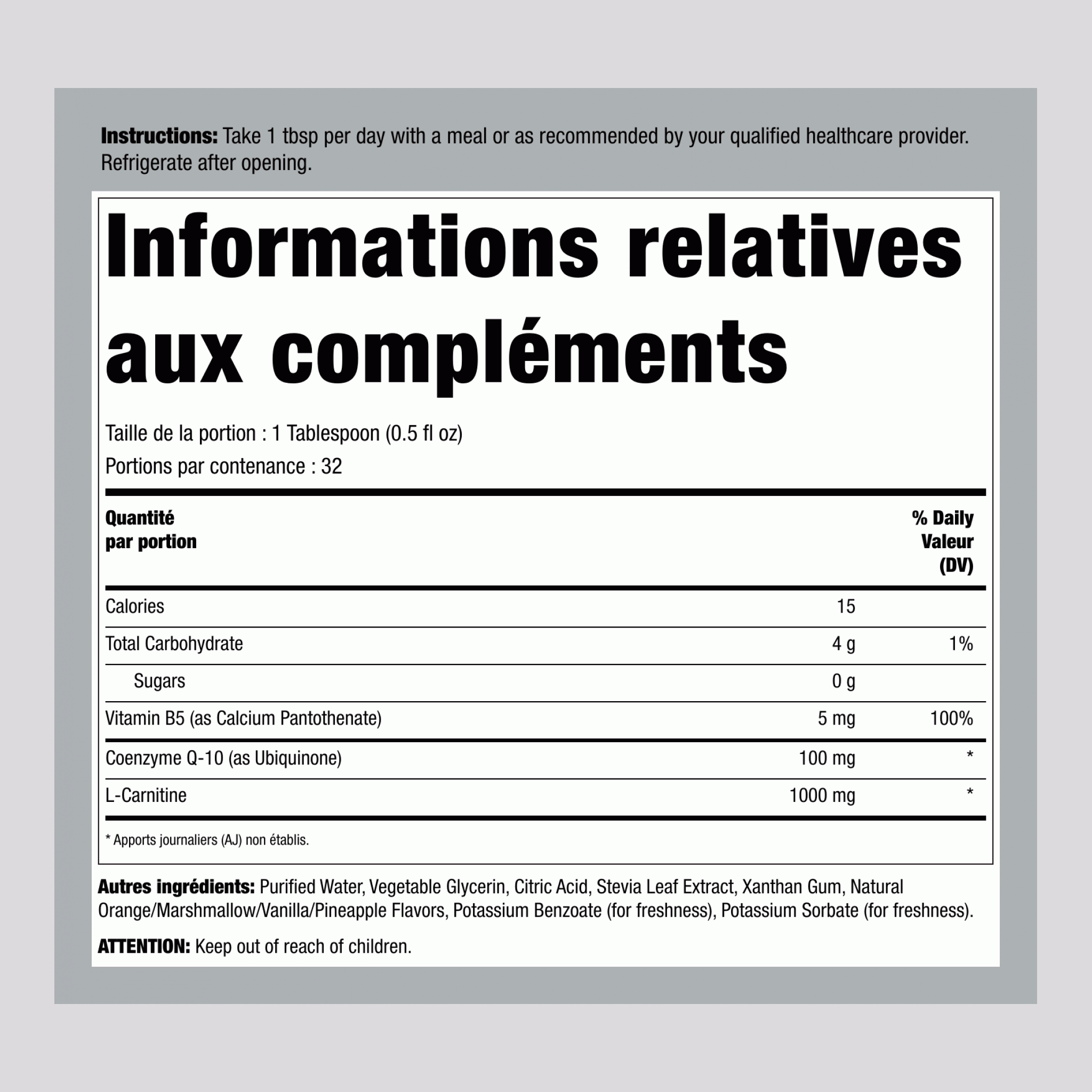 CoQ10 avec L-Carnitine liquide (orange vanille) 16 onces liquides Bouteille      