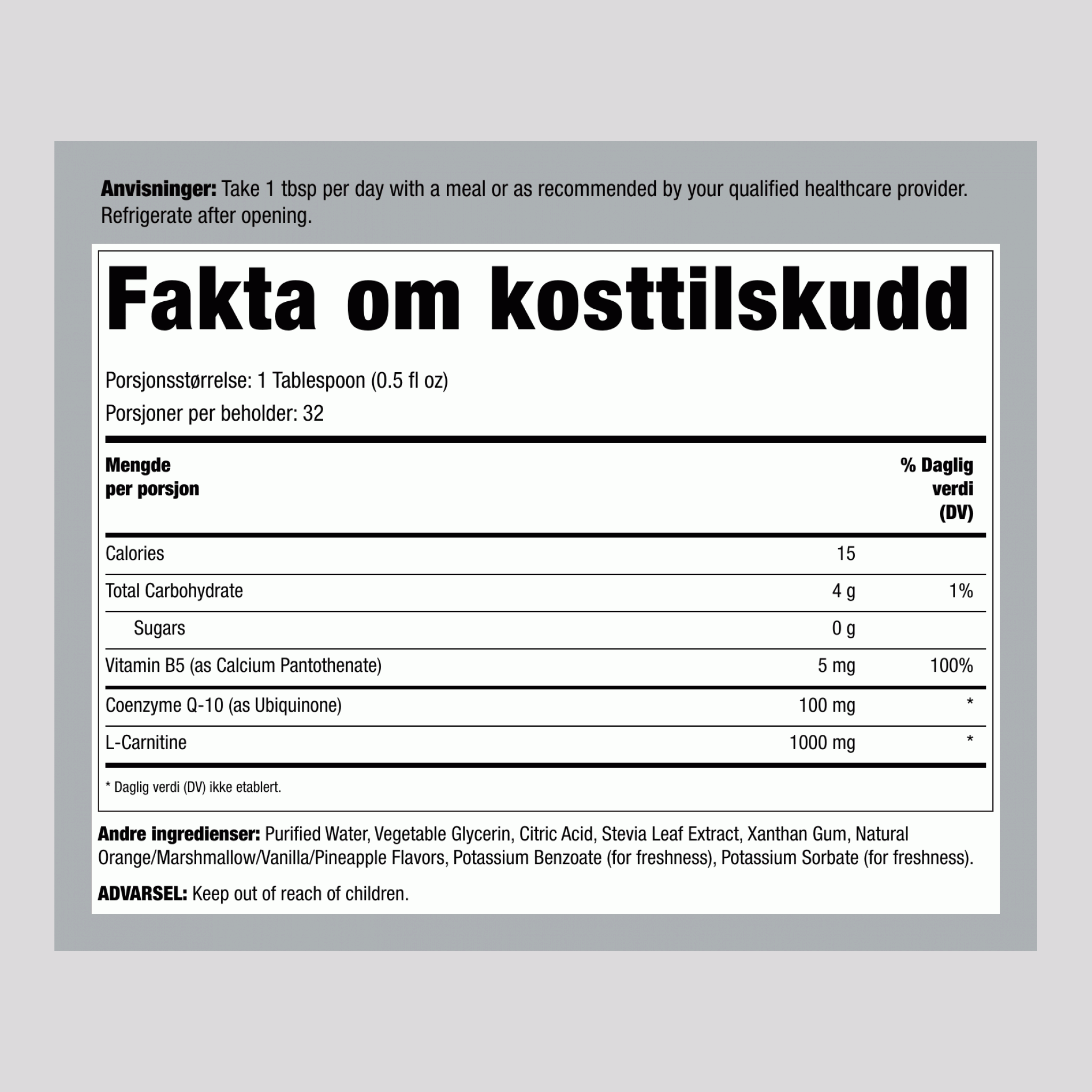 CoQ10 med L-karnitinvæske (appelsin-vanilje) 16 ounce Flaske      