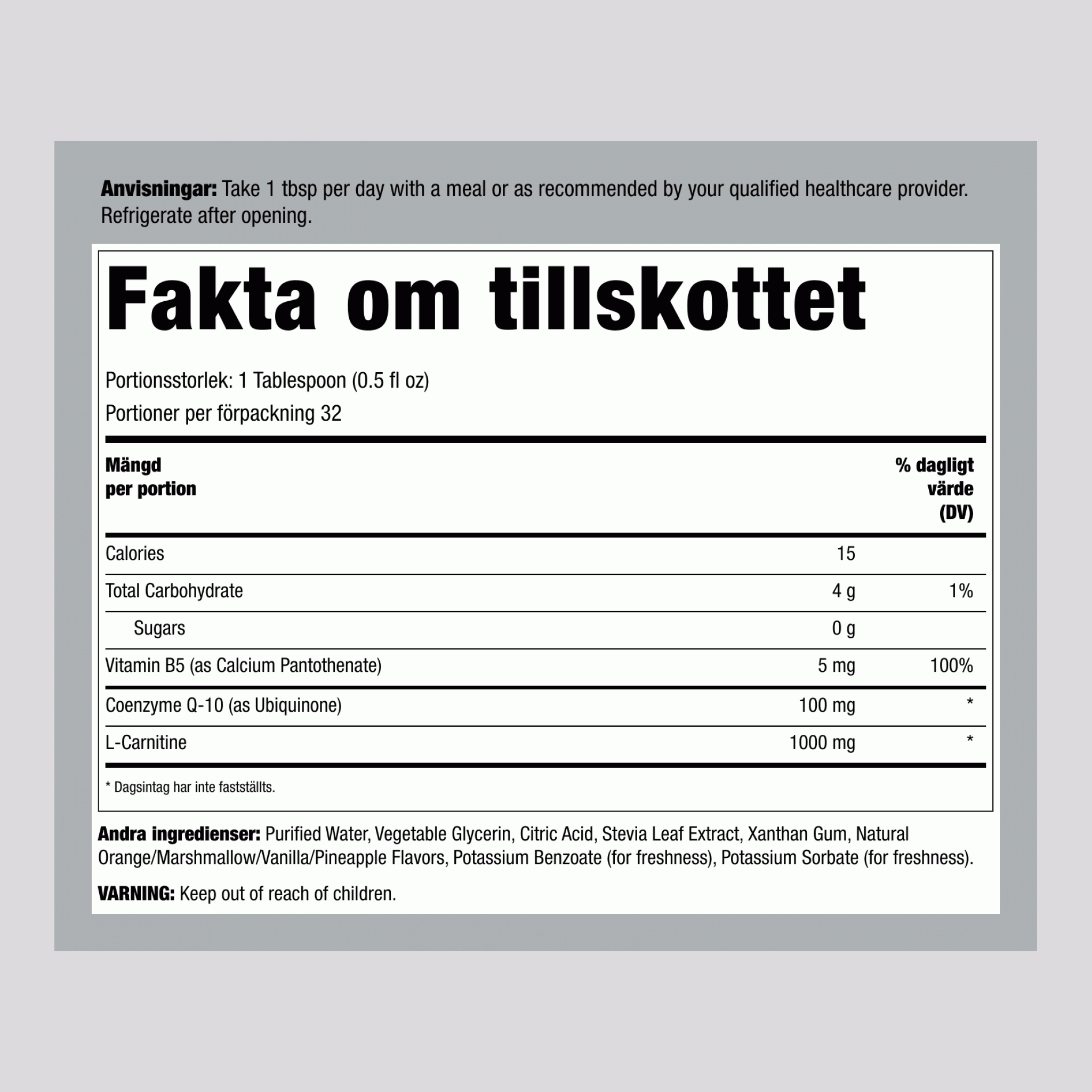 CoQ10 med flytande L-karnitin (apelsin-vanilj) 16 fl oz Flaska      