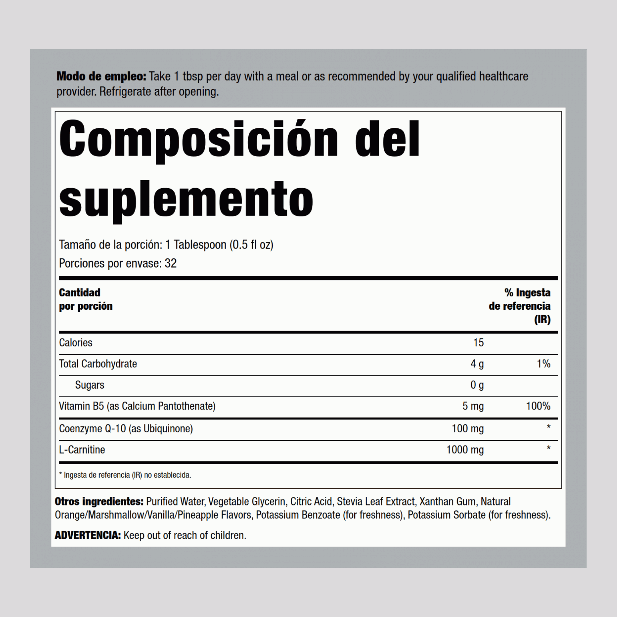 CoQ10 con L-carnitina en líquido (vainilla y naranja) 16 fl oz Botella/Frasco      