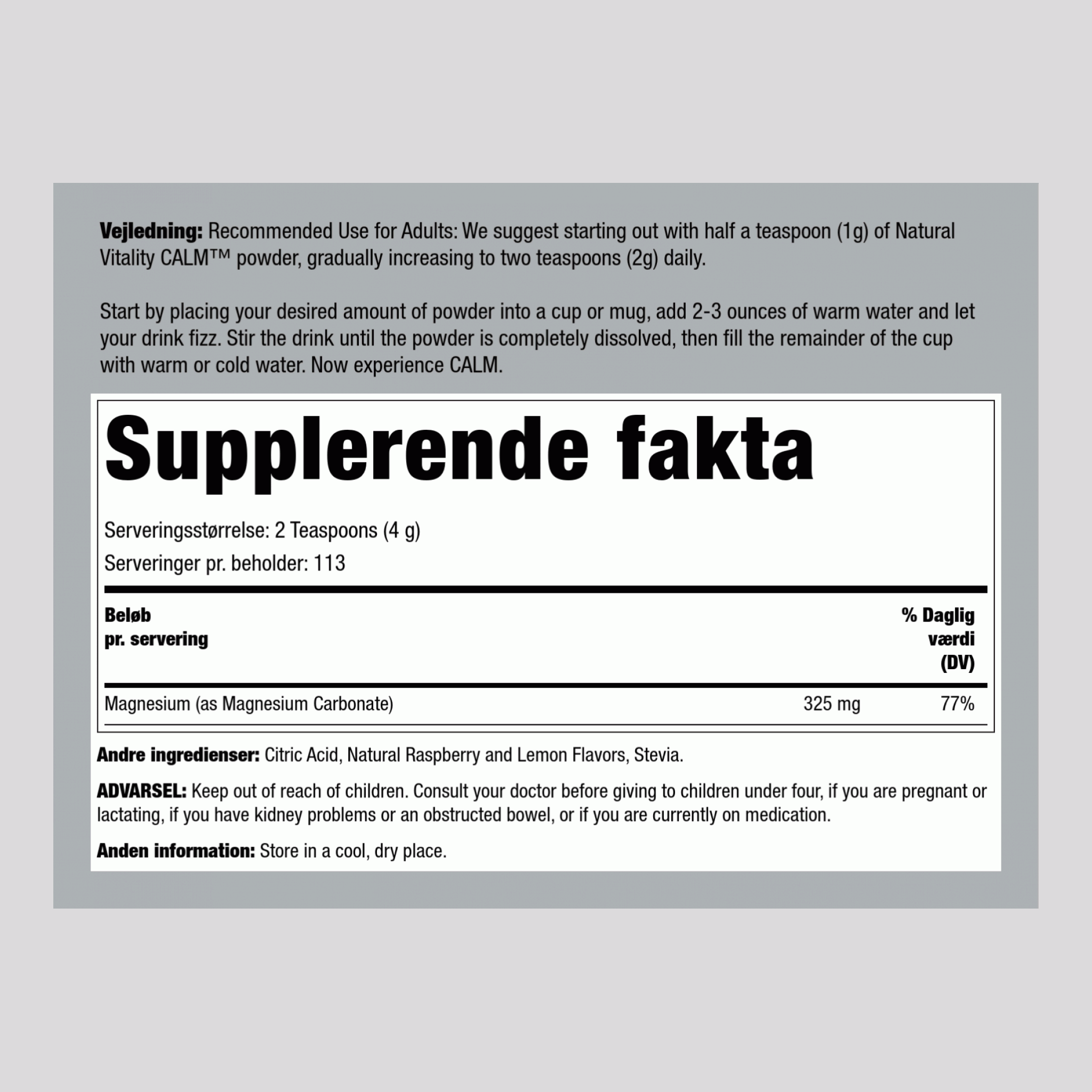 Beroligende pulver (hindbær-citron) 16 oz 453 g Flaske    