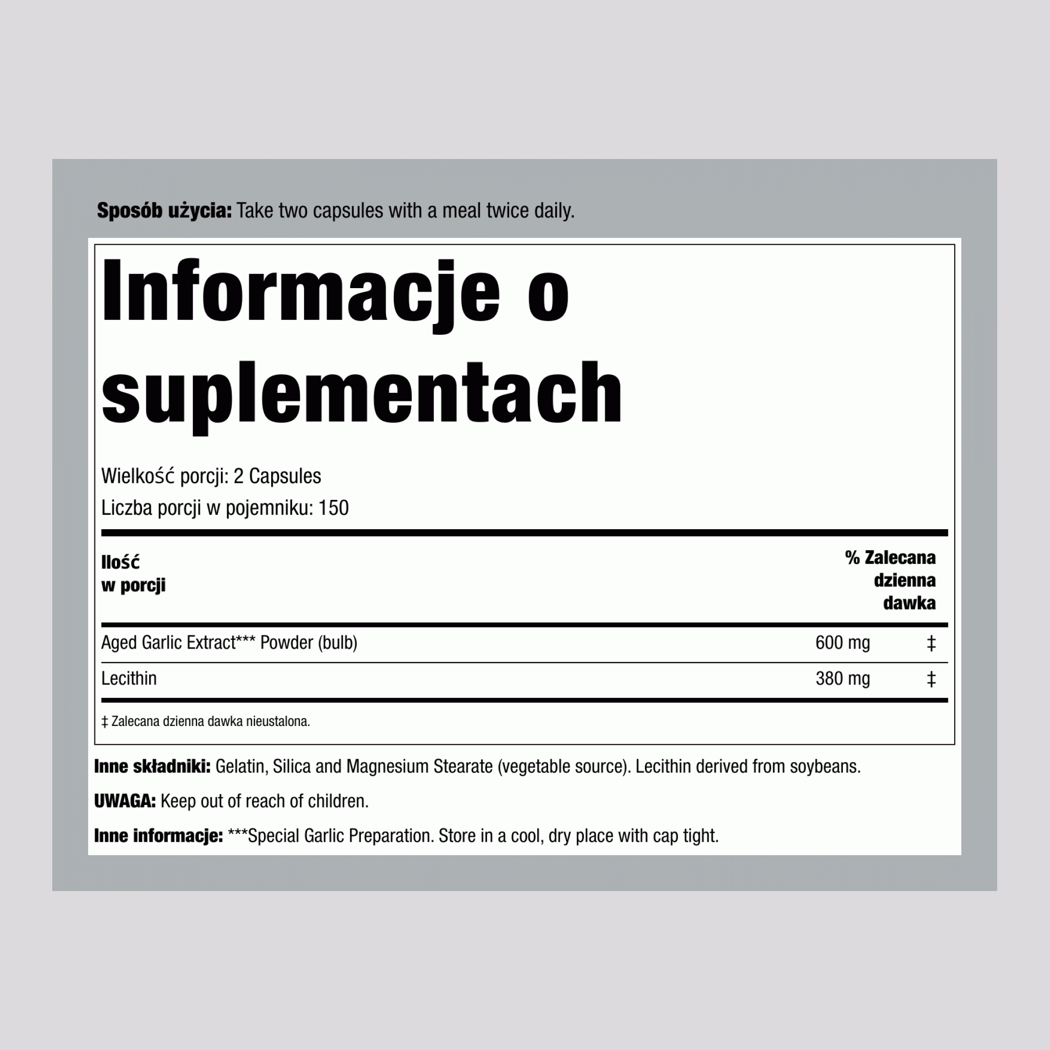 Czosnek postarzany Kyolic (formuła na poziom lecytyny i cholesterolu 104) 300 Kapsułki       
