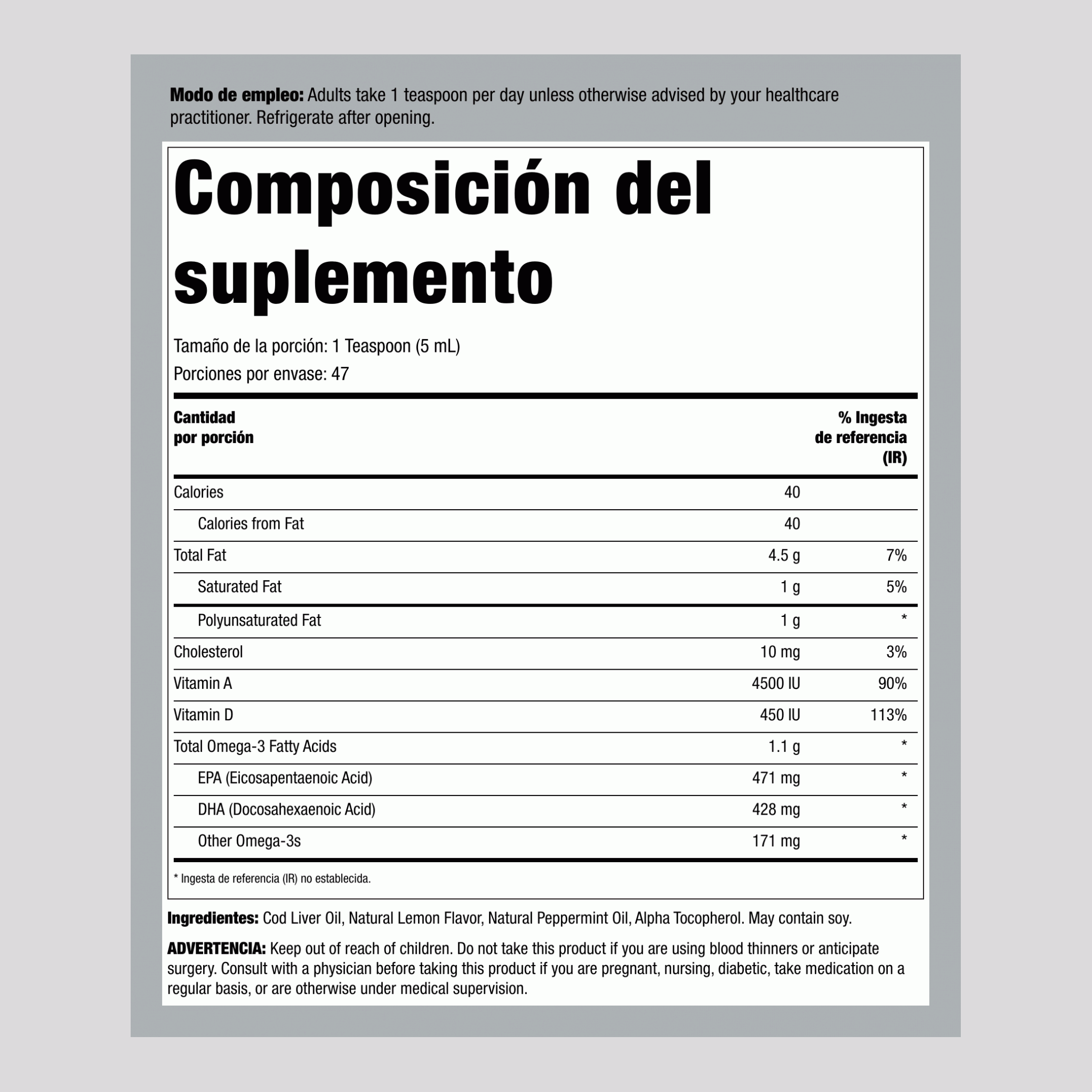 Suplemento líquido con aceite de hígado de bacalao islandés Olde World (sabor a limón y menta) 8 fl oz 236 mL Botella/Frasco    