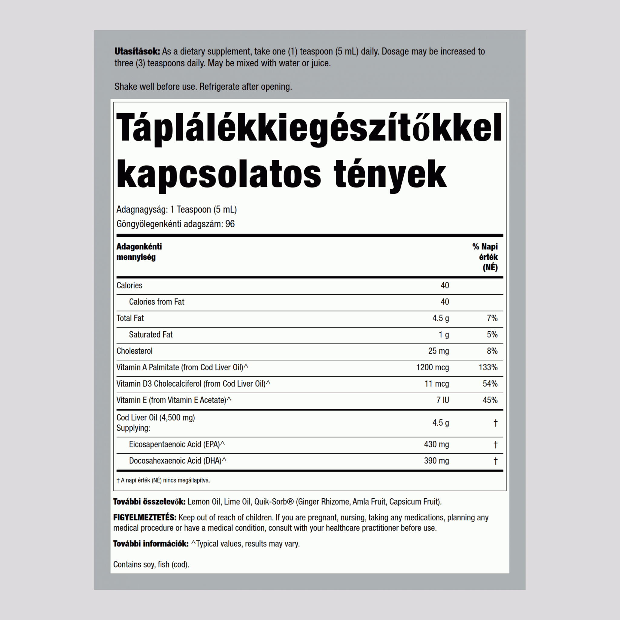 Norvég tőkehalmájolaj, folyadék (citrom-lime) 16 fl oz 480 ml Palack    