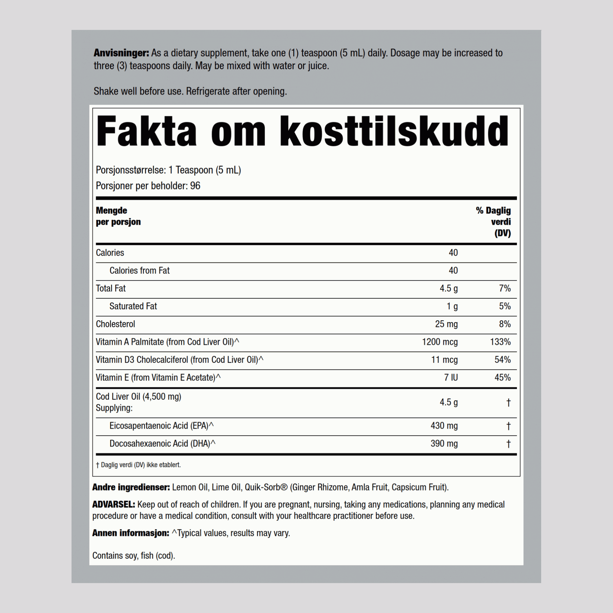 Norsk tranvæske (sitron, lime) 16 ounce 480 mL Flaske    