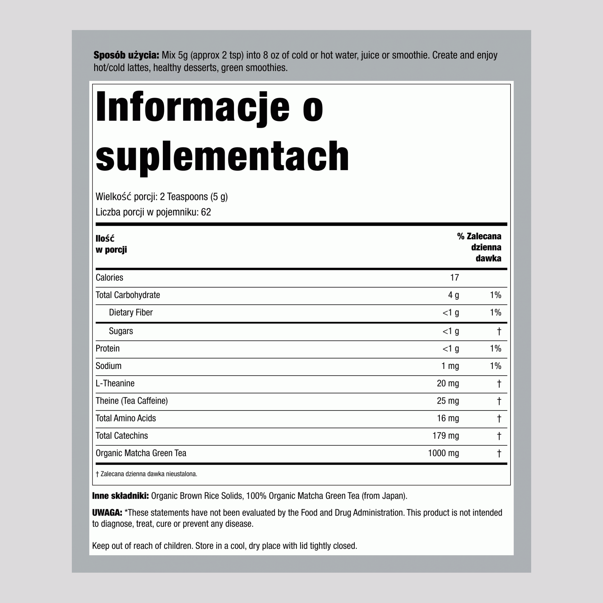 Mieszanka energetyczna z zielonej herbaty Matcha w proszku 11 uncja 312 g Butelka    