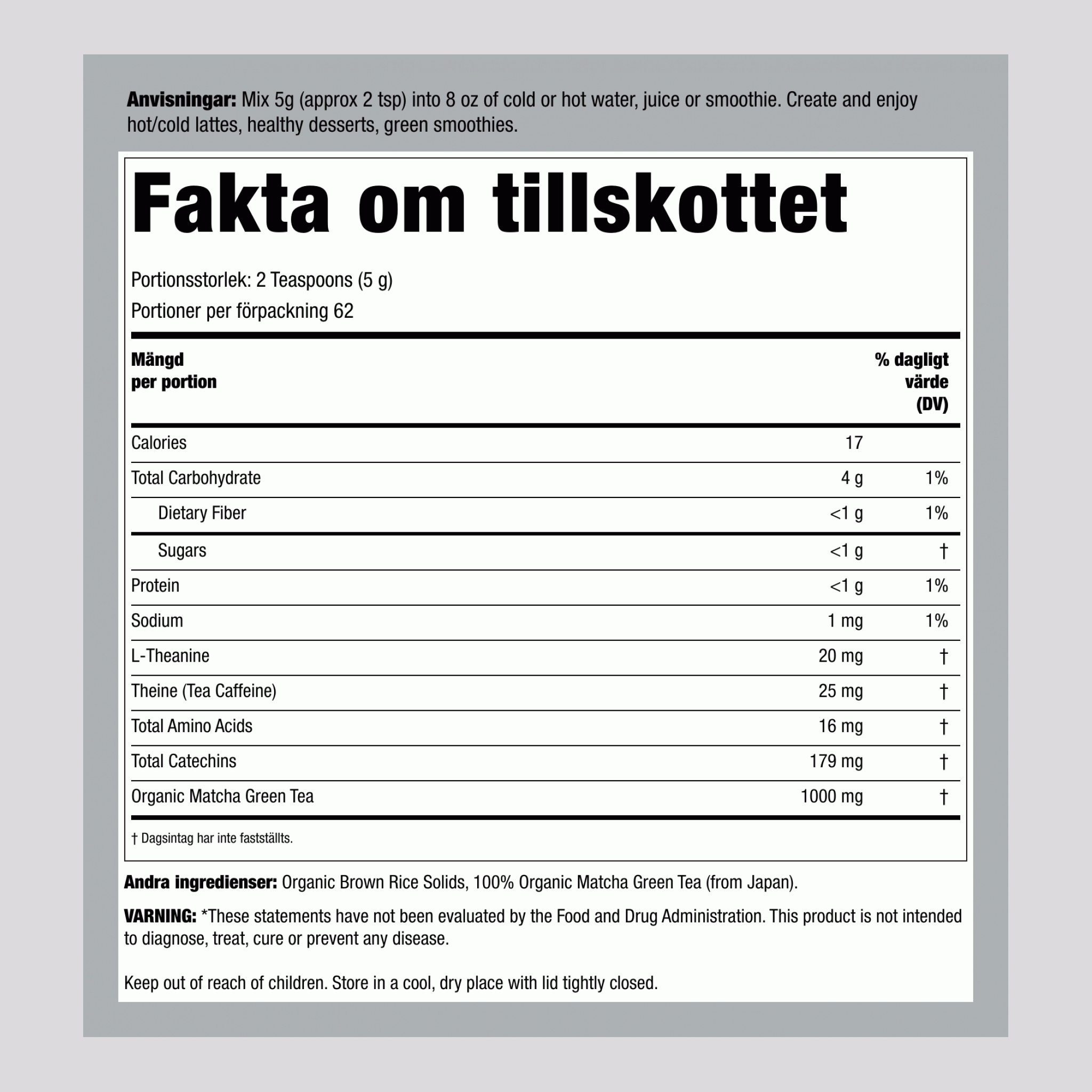 Matcha grönt te energiblandning pulver 11 oz 312 g Flaska    