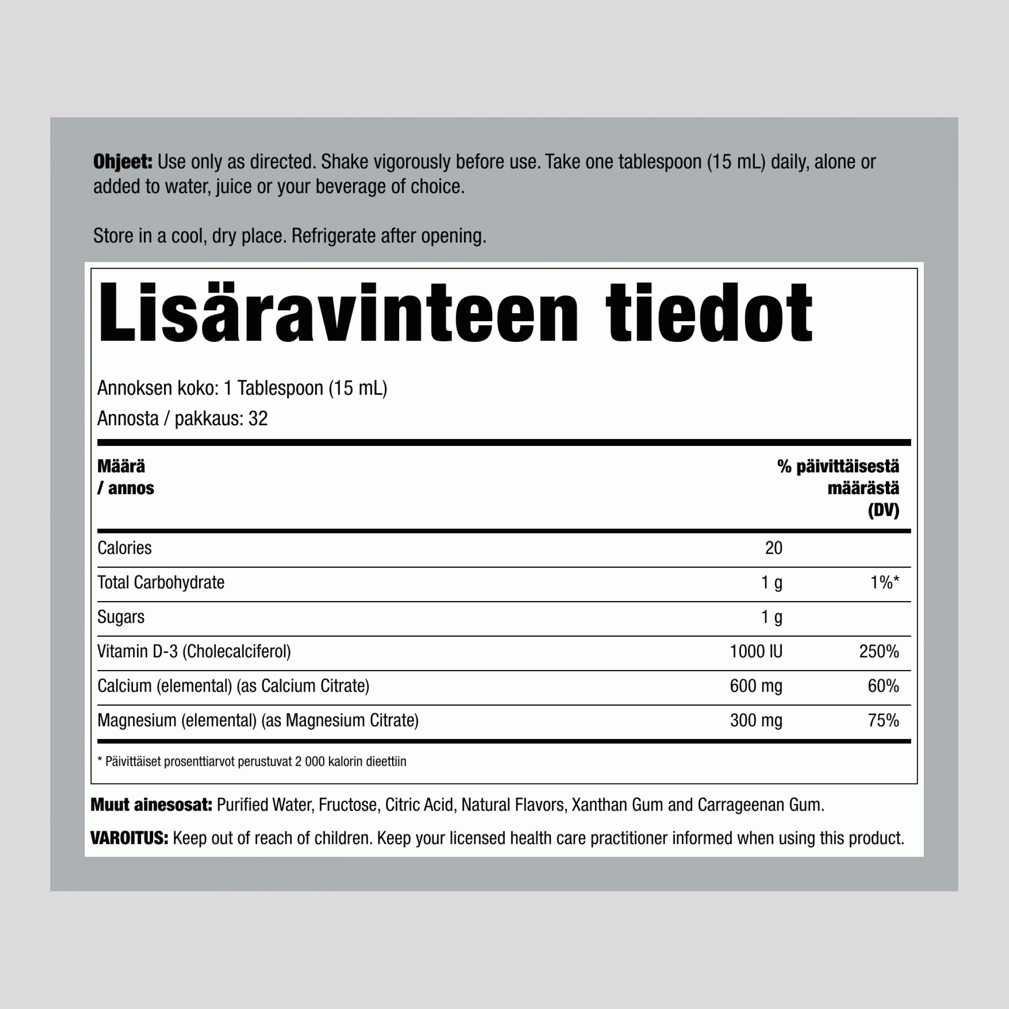 Kalsium-magnesium-sitraatti plus D3 -neste (appelsiini ja vanilja) 16 fl oz 473 ml Pullo    