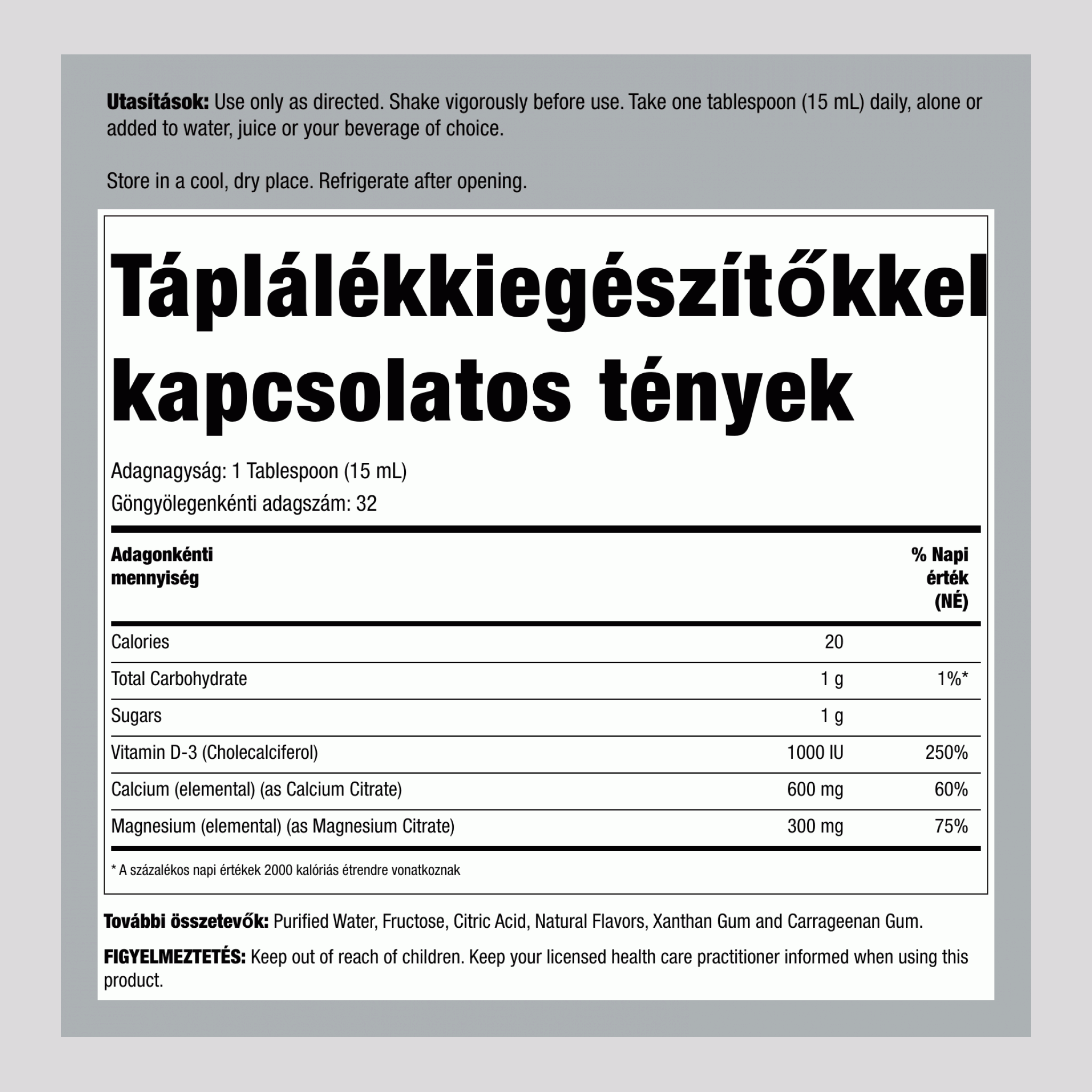 Kalcium-magnézium-citrát plusz D3 folyadék (narancs-vanília) 16 fl oz 473 ml Palack    